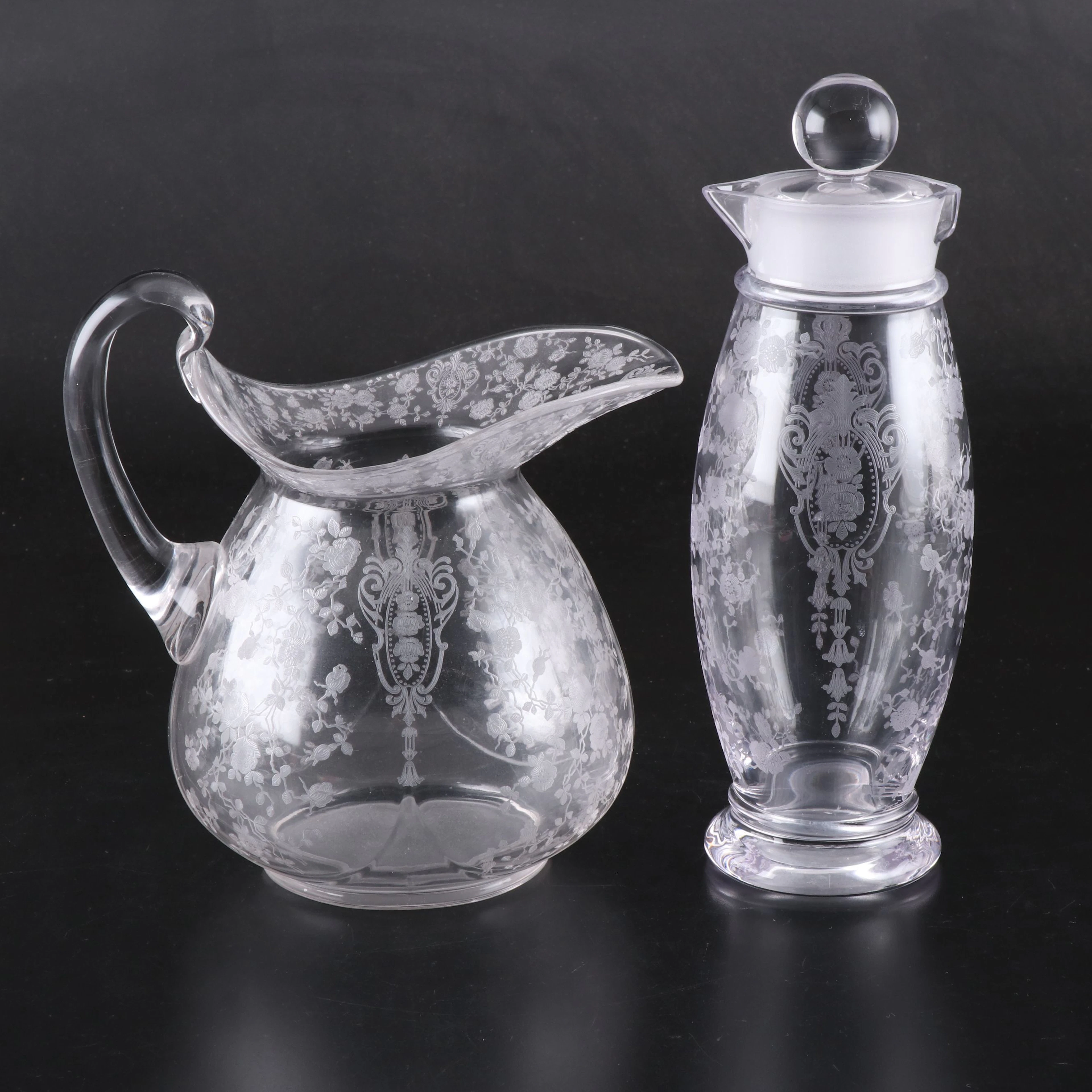 Cambridge "Rose Point" Clear Glass Pitcher and Cocktail Shaker, 1934–1958