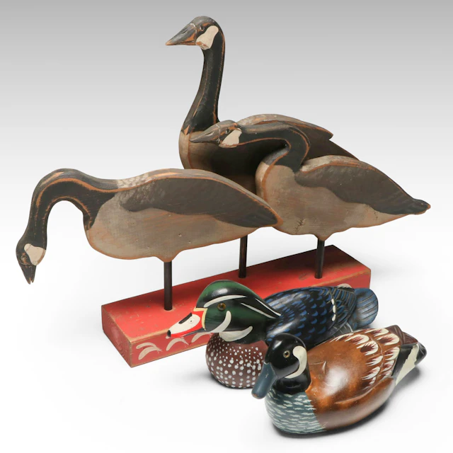 Folk Art Hand-Carved Canada Goose Figurine with Duck Decoys