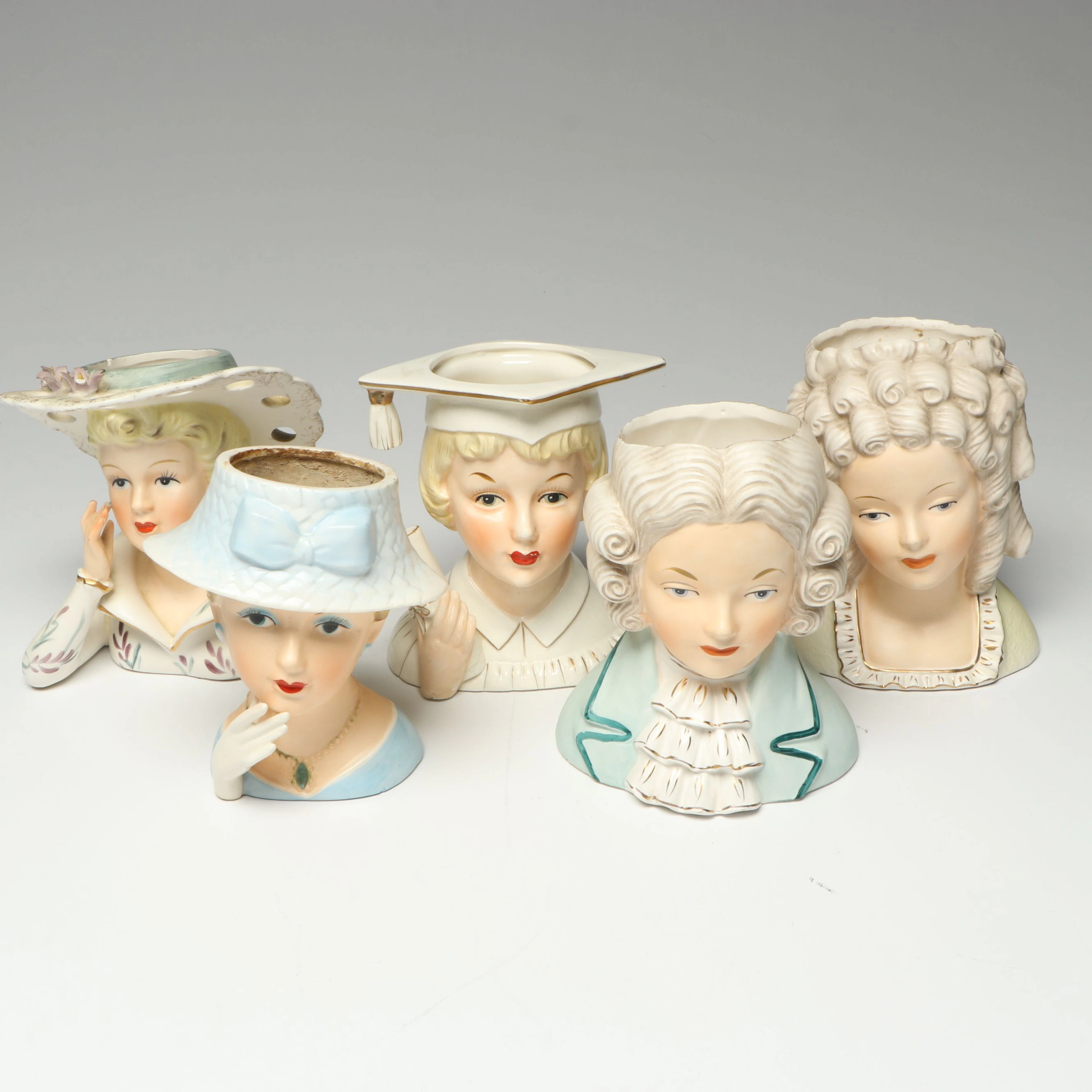 Napco with Other Ceramic Lady Head Vases, Mid-20th Century