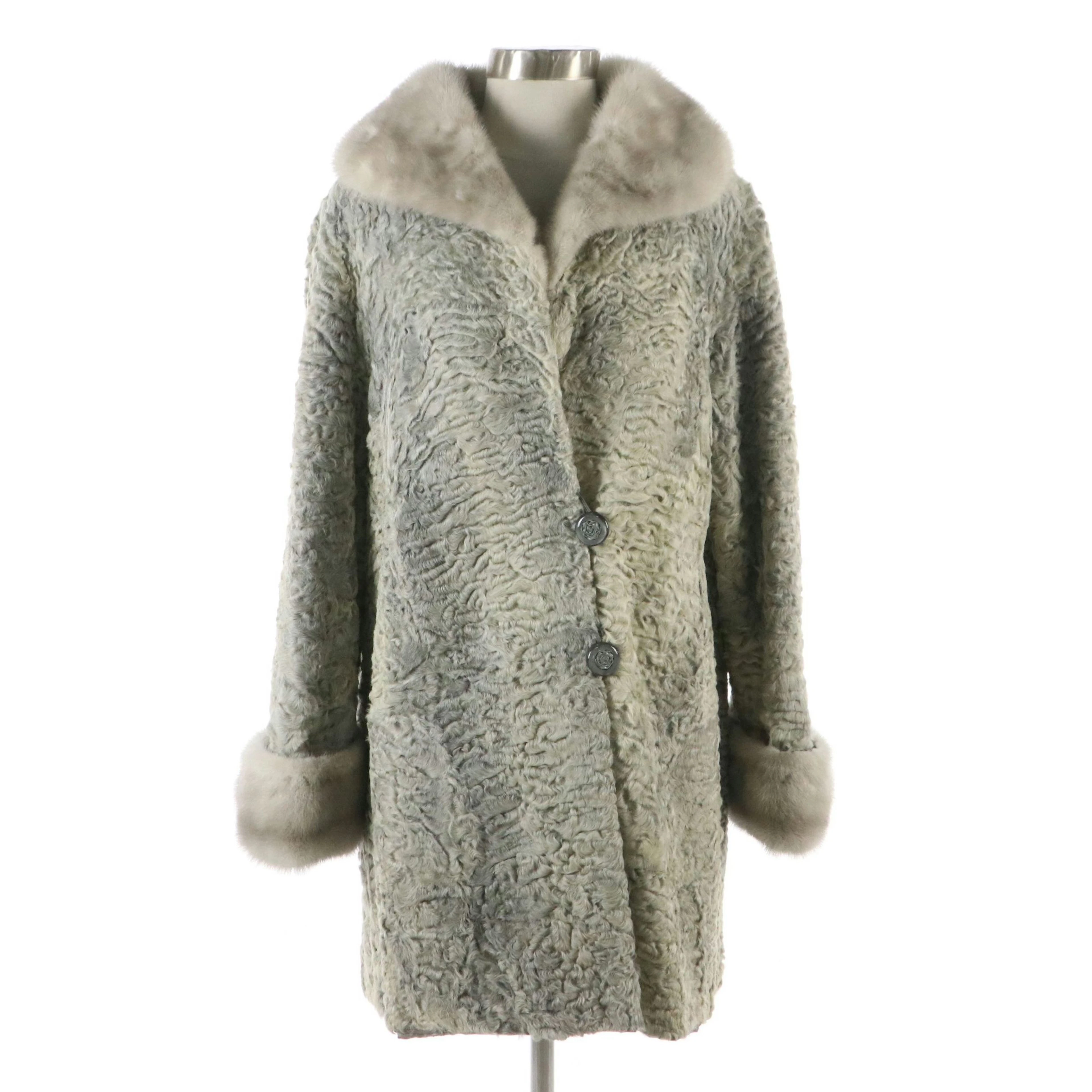 Silver Persian Lamb Fur Stroller Coat with Sapphire Cross Mink Fur Collar