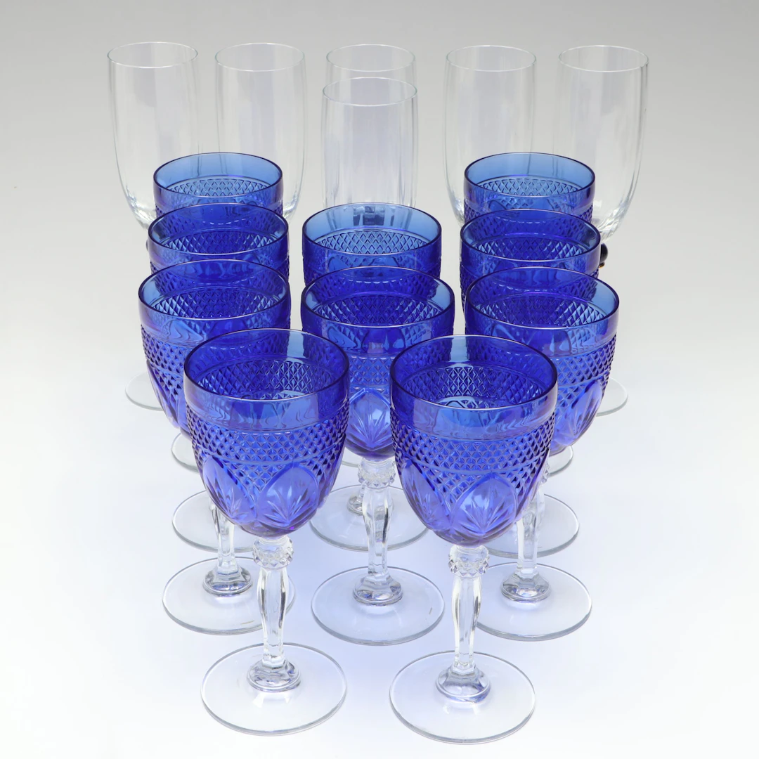 Cristal D'Arques - Durand "Antique Sapphire Blue" Goblets with Champagne Flutes