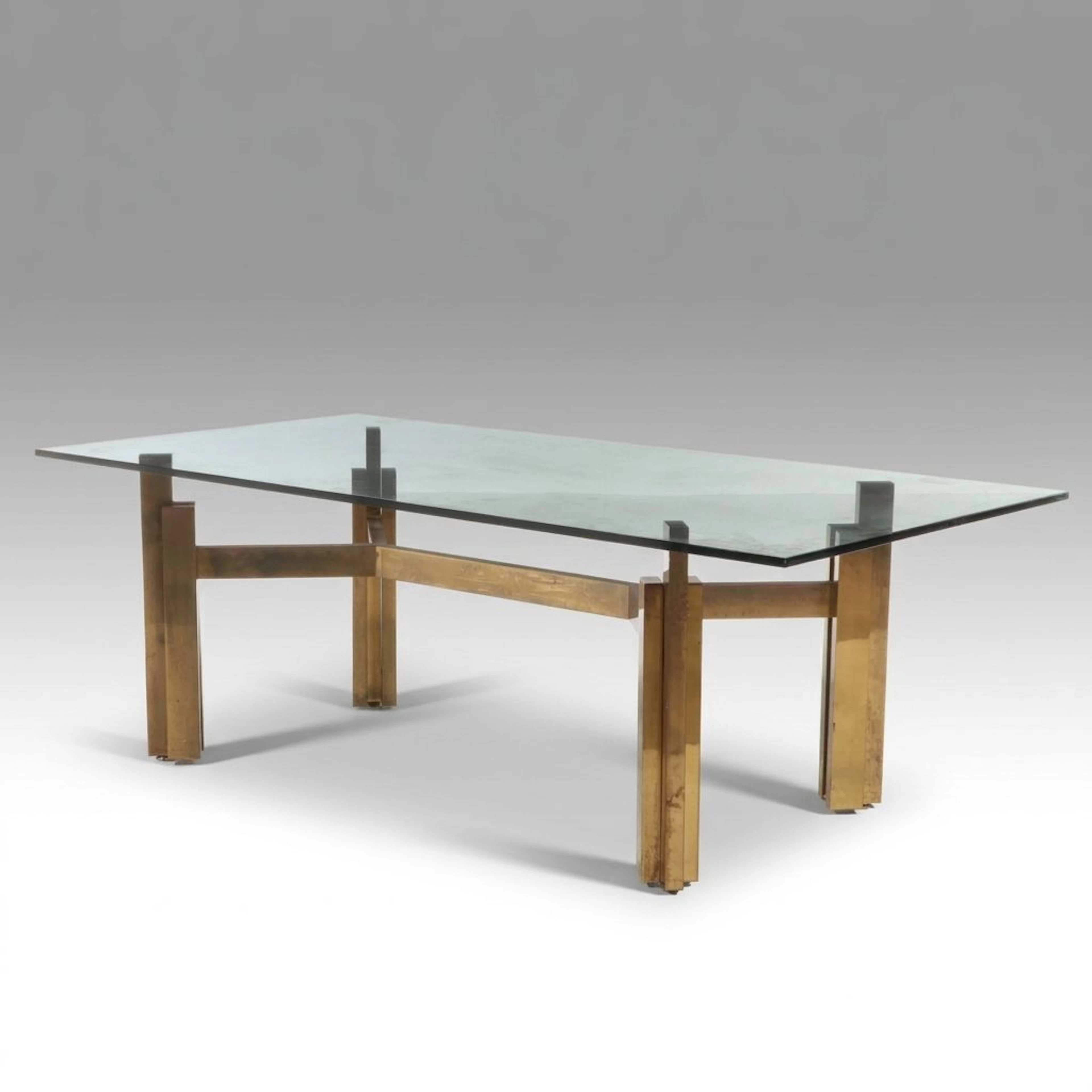 Brutalist Style Glass and Brass Base Dining Table, Late 20th Century