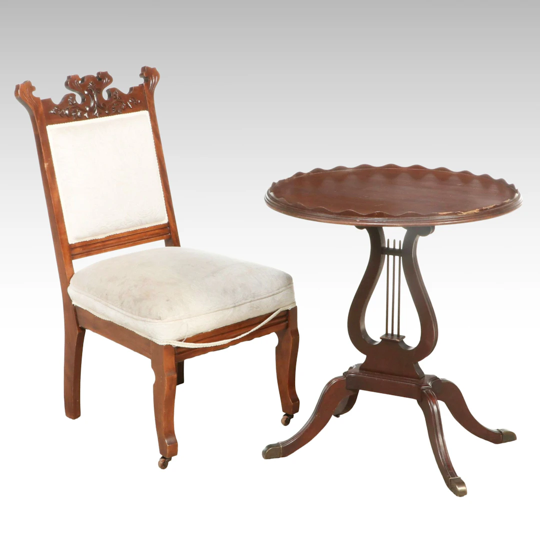 Duncan Phyfe Lyre Base Accent Table and Victorian Carved Side Chair