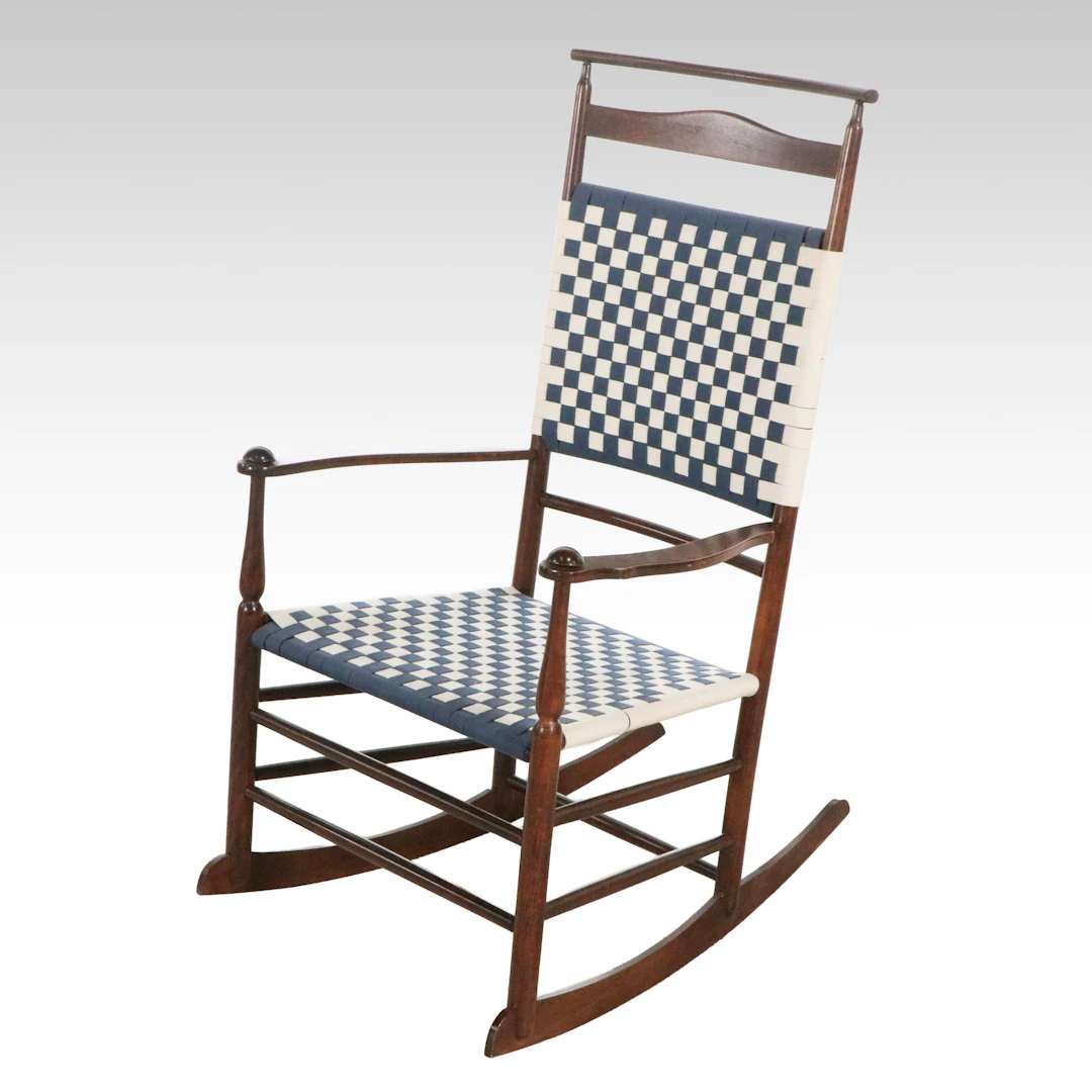 Shaker Style Oak Rocking Chair with Blue and White Woven Webbing