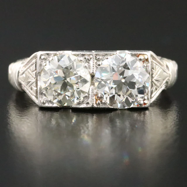 Art Deco 18K Toi et Moi 1.75 CTW Diamond Ring with Platinum Top