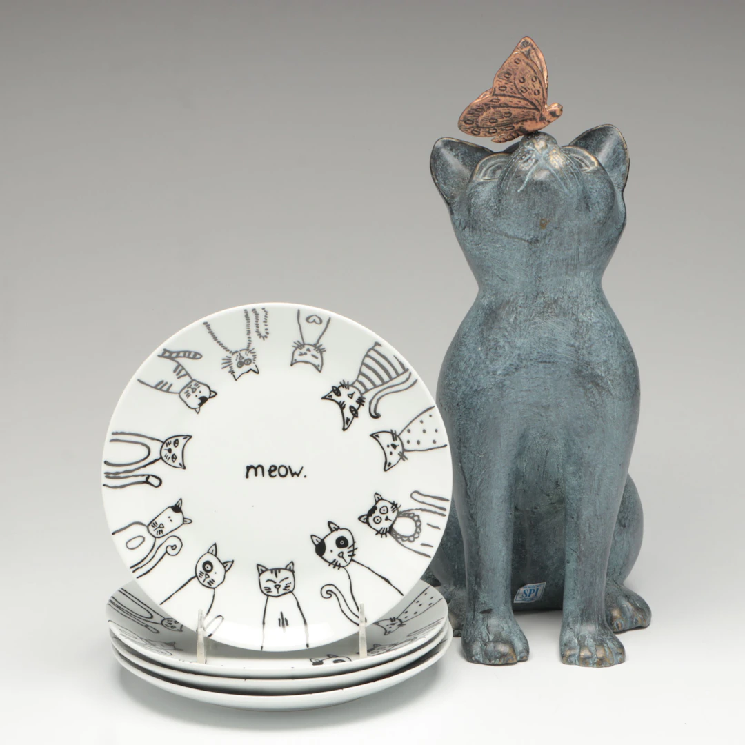 Whimsical Cat and Butterfly Garden Statue with Red Star Ally Cat Plates