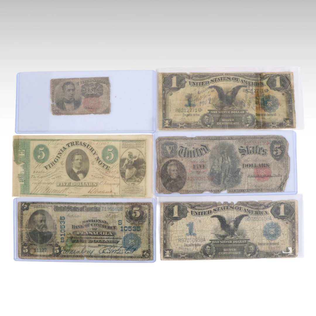 Five Antique Large Format U.S. Currency Notes and a U.S. Fractional Note