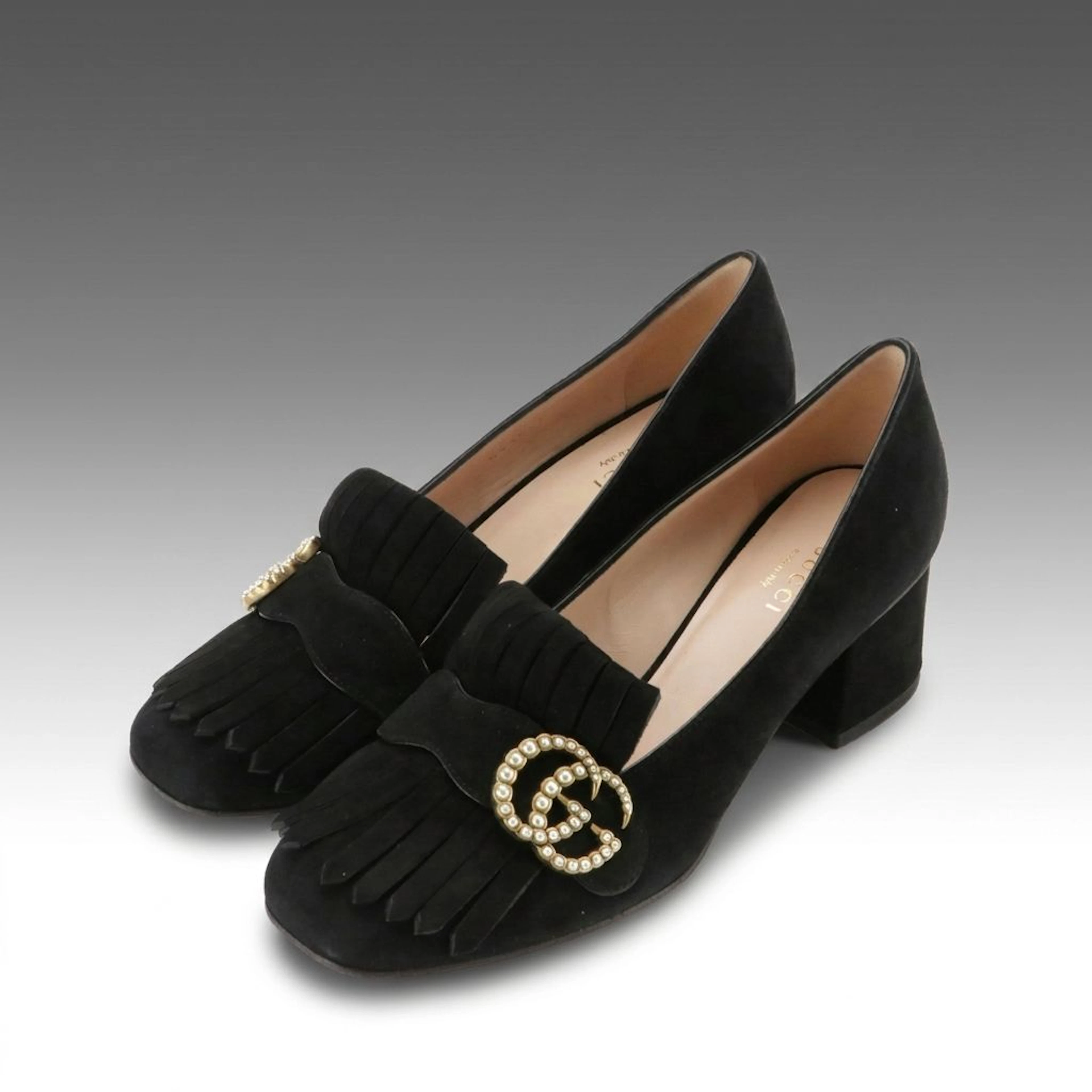 Gucci GG Pearl Marmont Block Heel Fringe Loafers in Black Suede