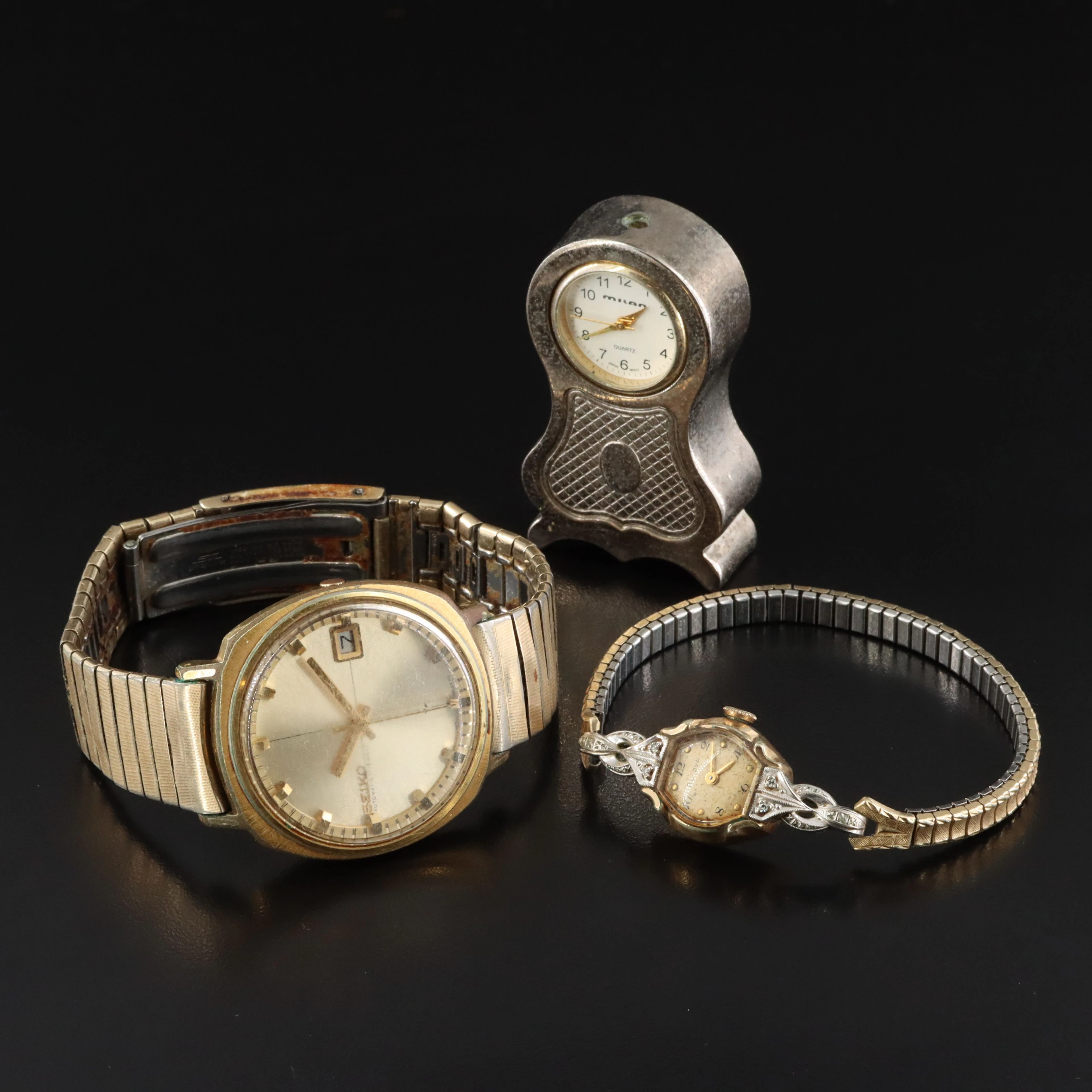 Vintage Seiko Sportsmatic, Diamond Accented Bulova Watches and Milan Desk Clock