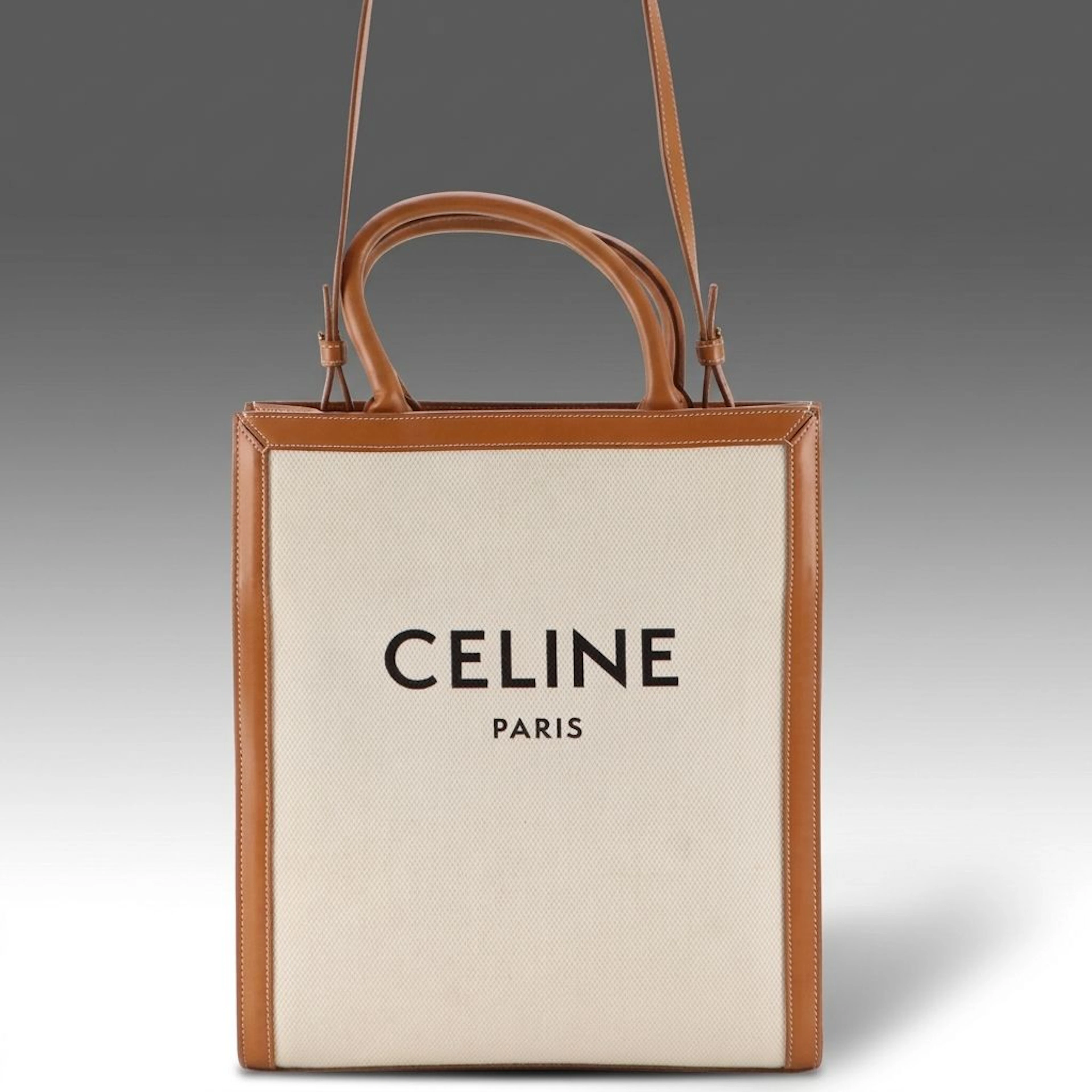 Celine Small Cabas Vertical Two-Way Tote Bag in White Canvas and Tan Leather