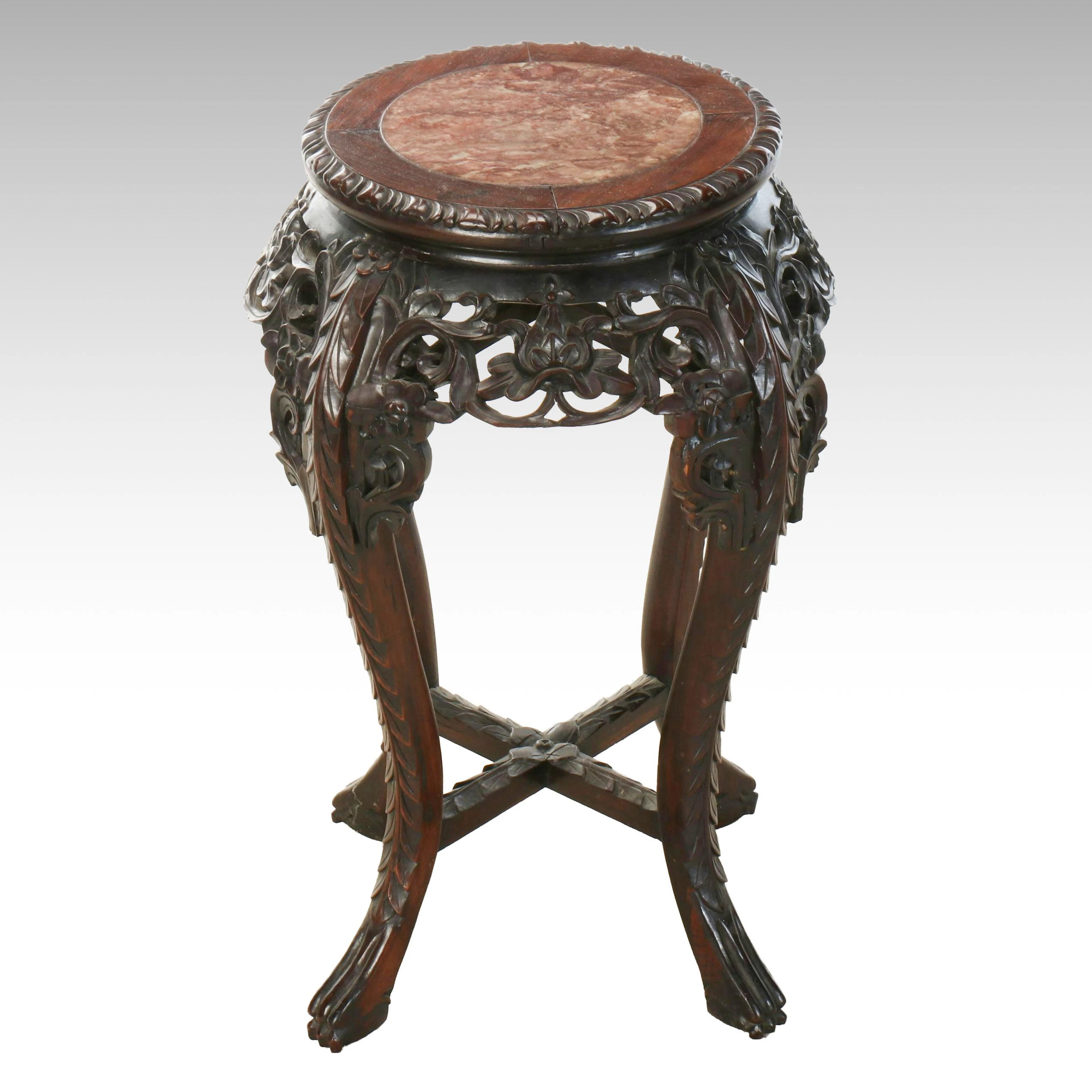 Chinese Carved Rosewood Stand with Inset Pink Marble Top