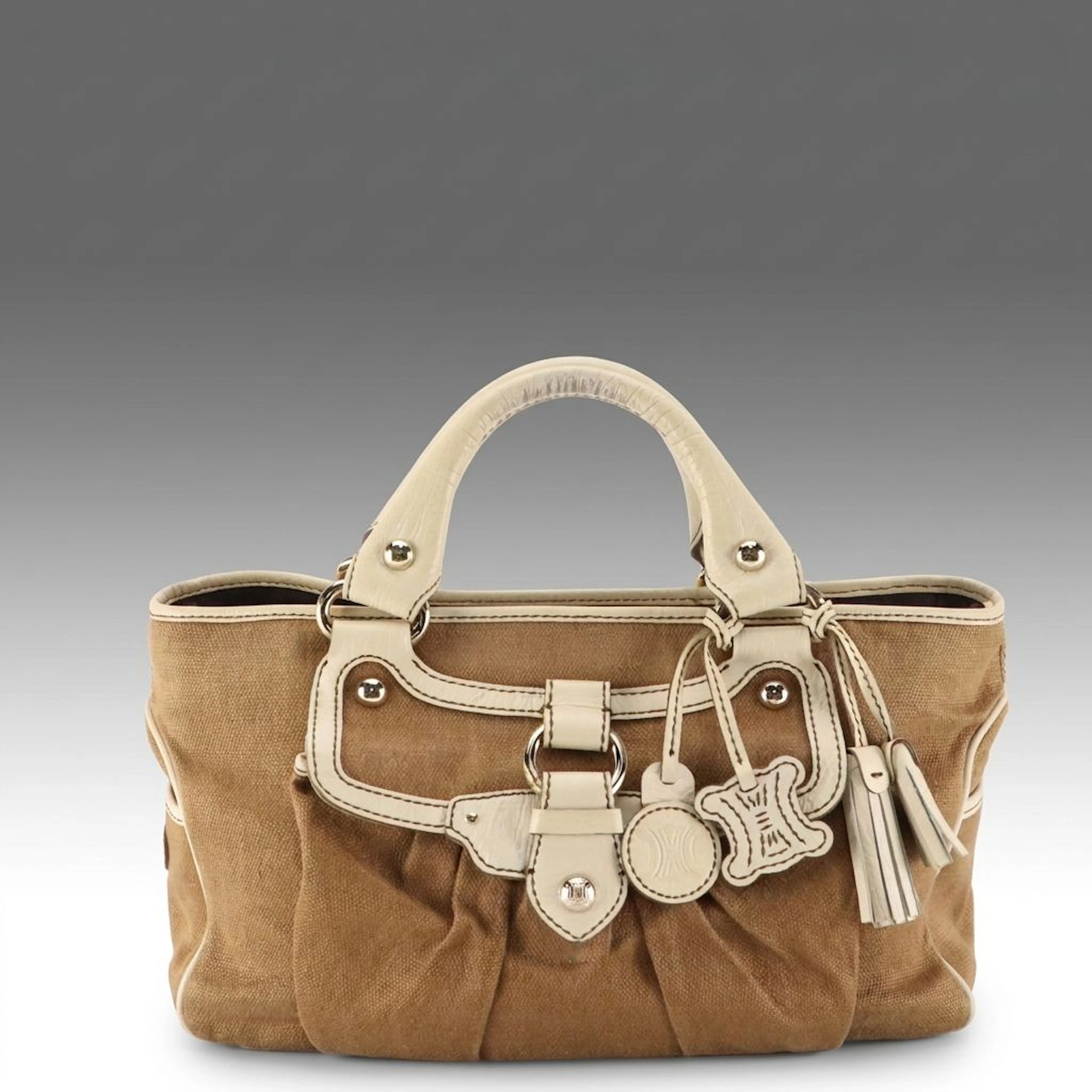 Celine Woven Canvas and Leather Boogie Bag with Tassel Zip and Logo Charms