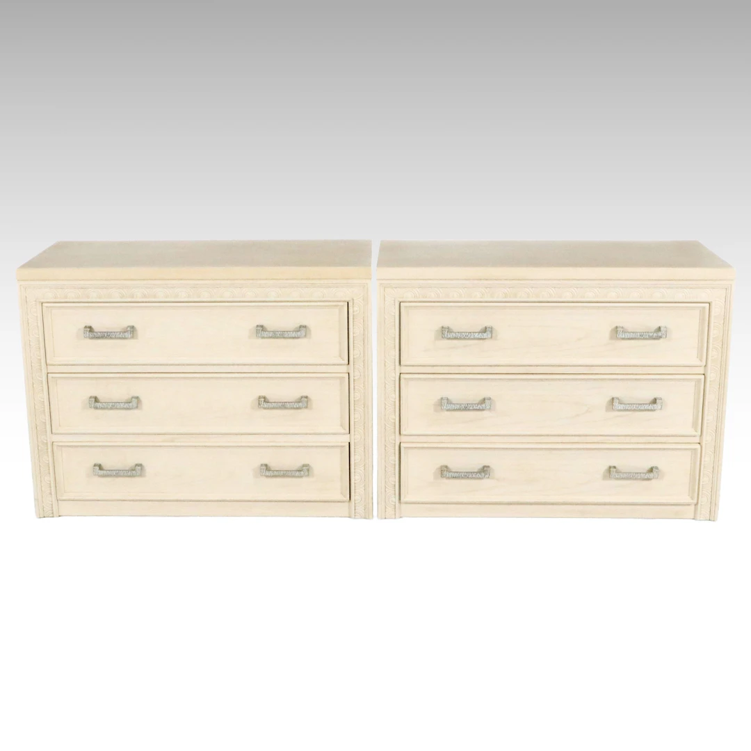 Pair of Drexel-Heritage Whitewashed Wood Three-Drawer Commodes, Late 20th C.