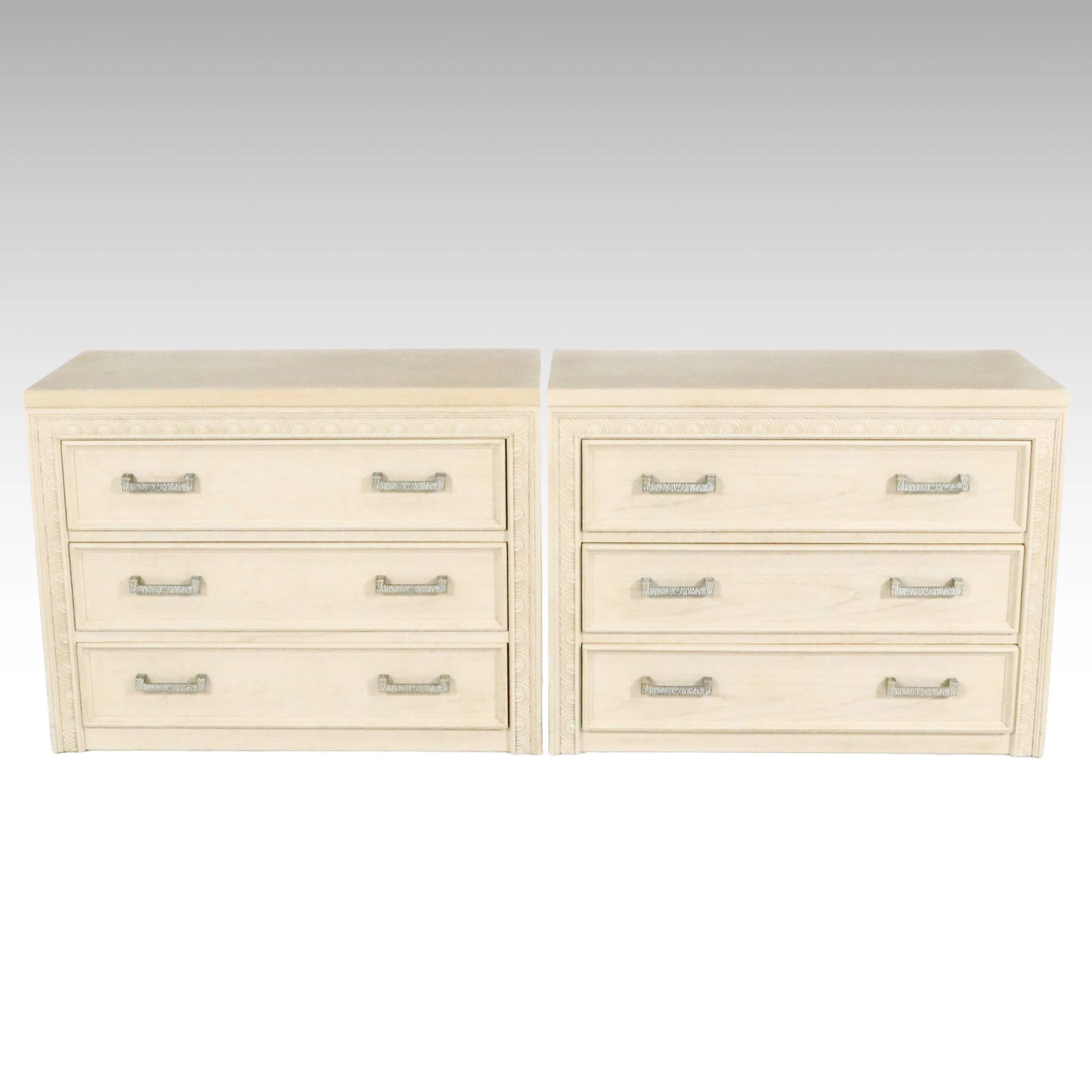 Pair of Drexel-Heritage Whitewashed Wood Three-Drawer Commodes, Late 20th C.