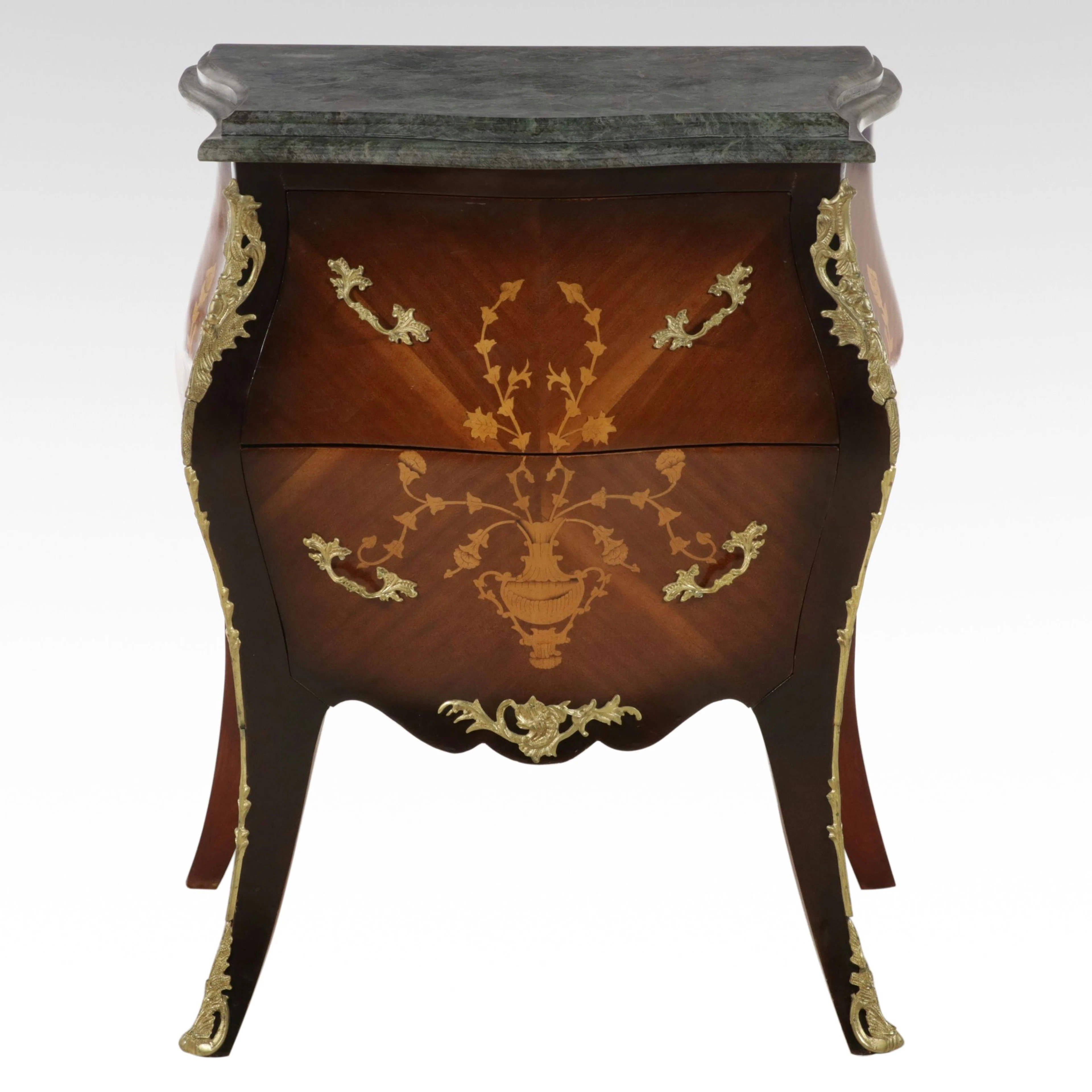Louis XV Style Marquetry Inlaid Commode with Serpentine Green Marble Top