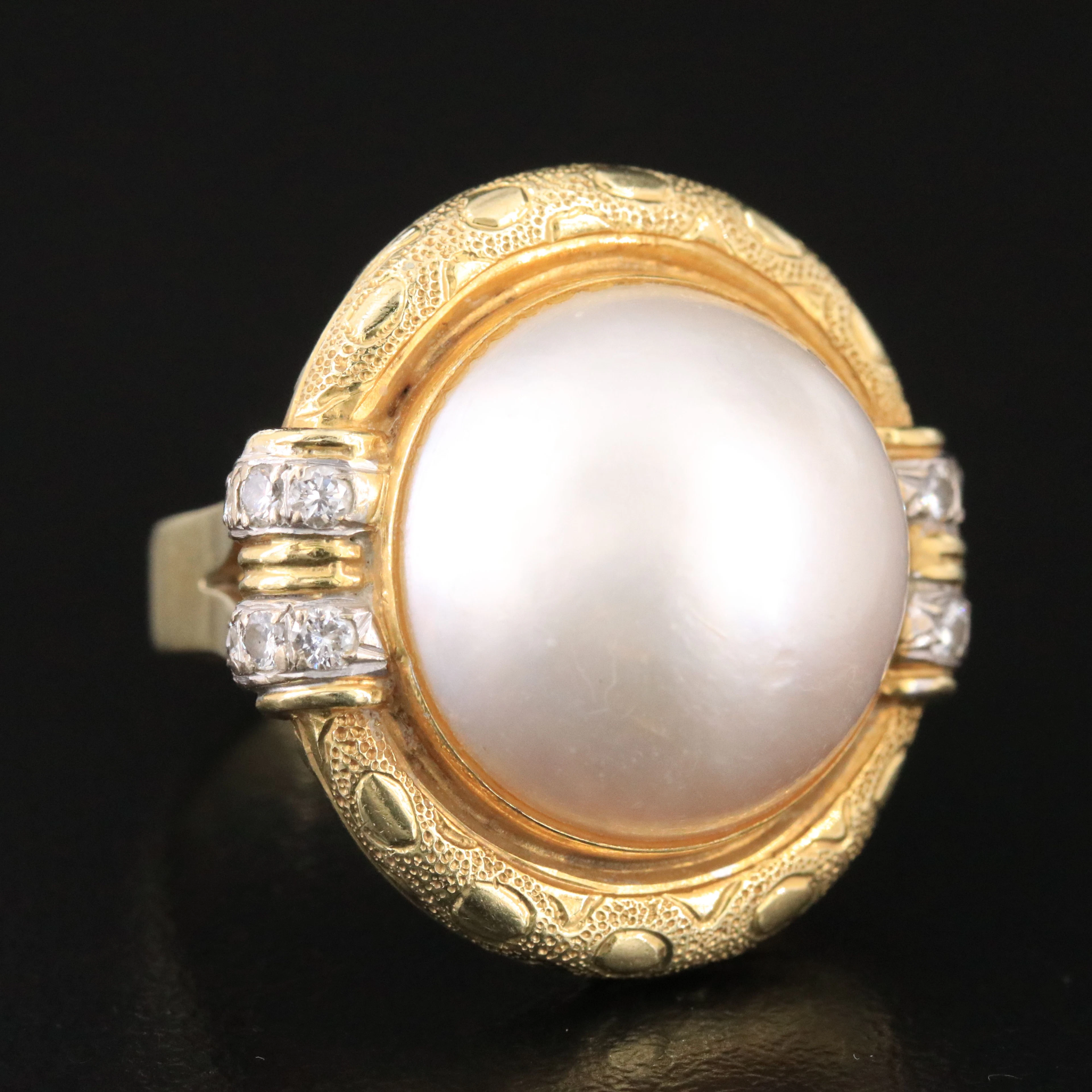 14K Mabé Pearl and Diamond Textured Bezel Ring