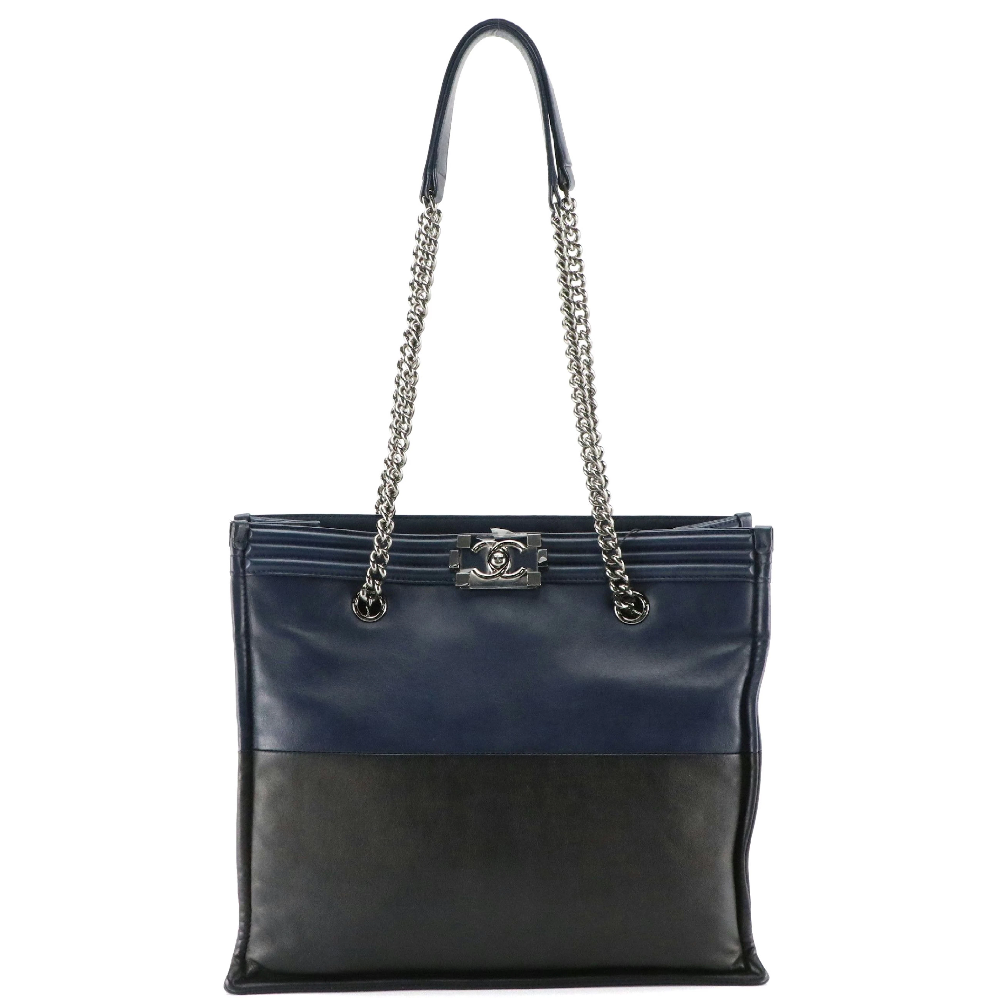 Chanel Navy and Black Leather Large Boy Logo Tote Bag