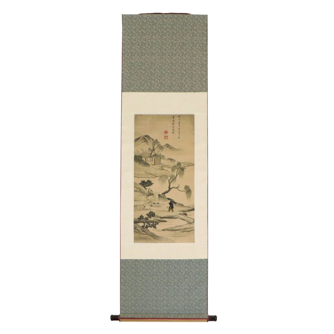 Digital Print on Silk Scroll of Chinese River Landscape, 21st Century