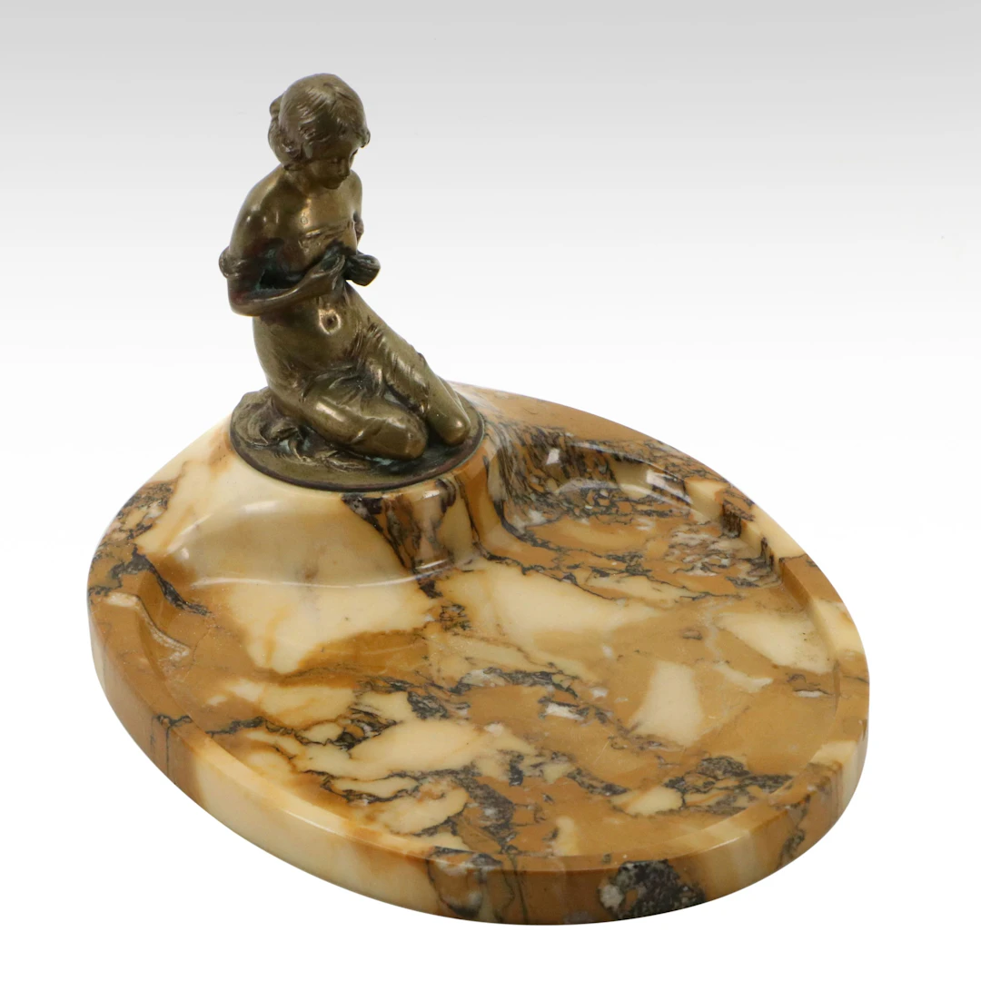 Marble Vide Poche with Seated Brass Figure After Arnoldus Fermont
