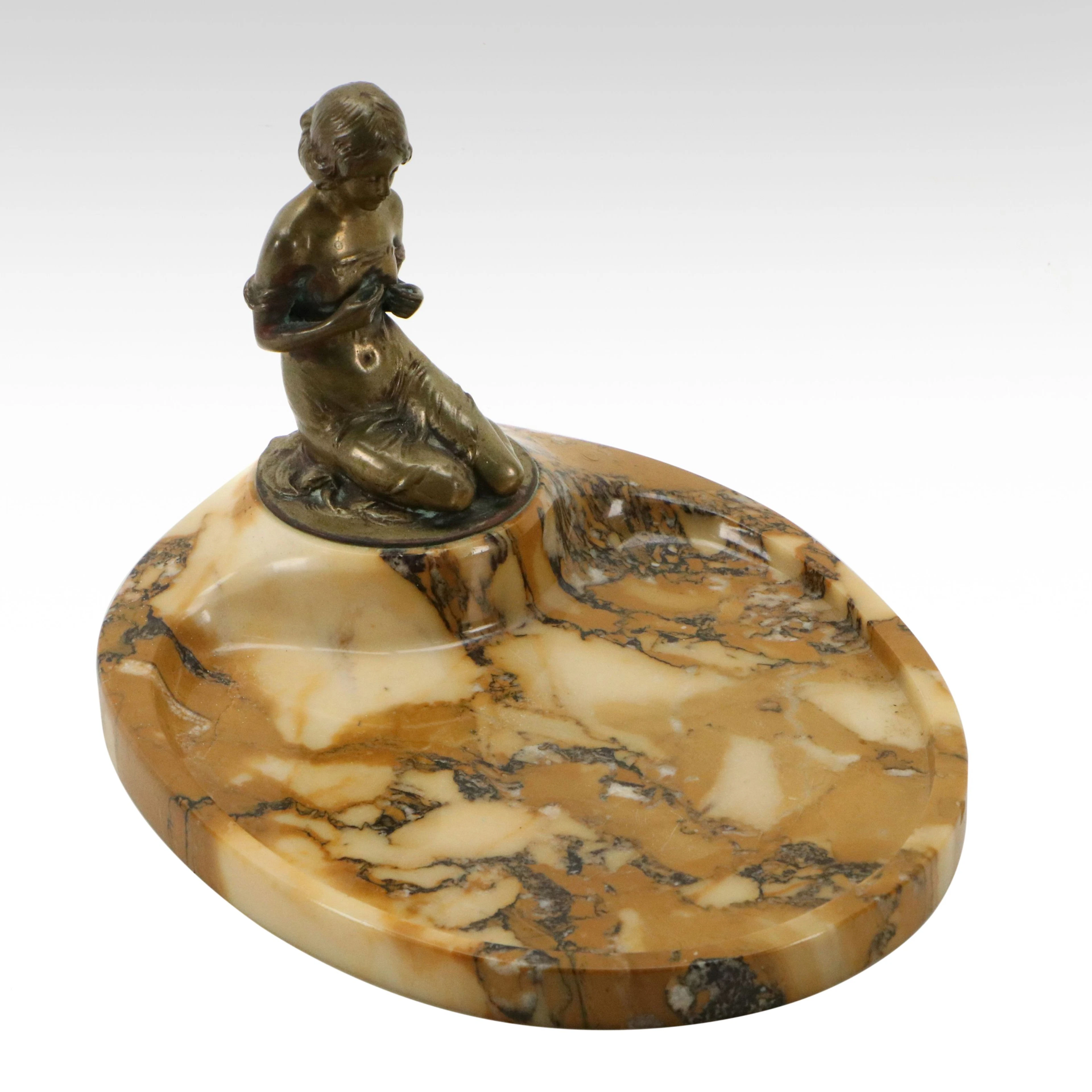 Marble Vide Poche with Seated Brass Figure After Arnoldus Fermont