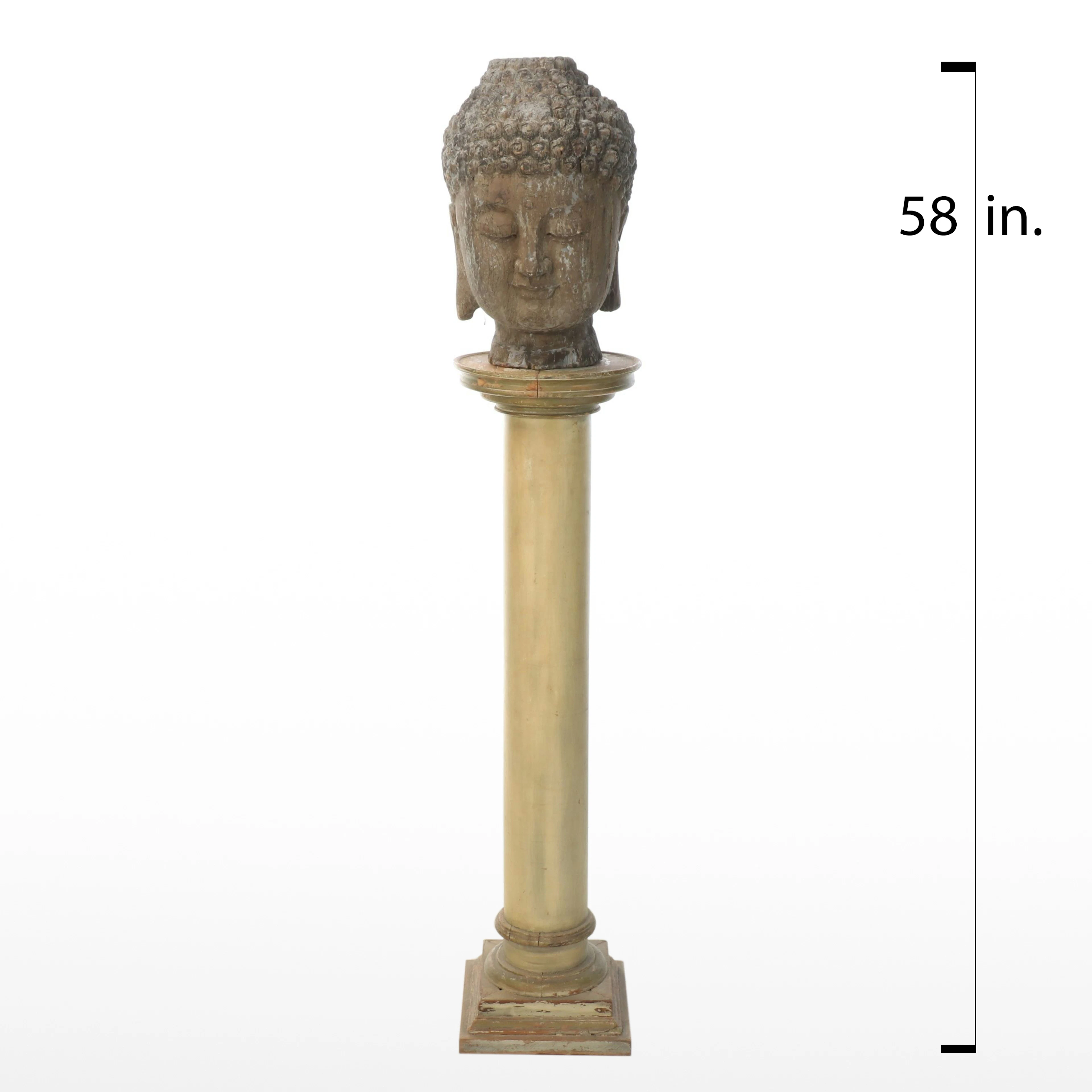 Carved Wood Buddha Head on Wooden Column