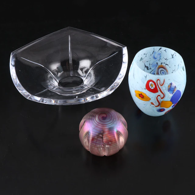 Louise Kennedy Footed Bowl with Millefiori Vase and Art Glass Paperweight