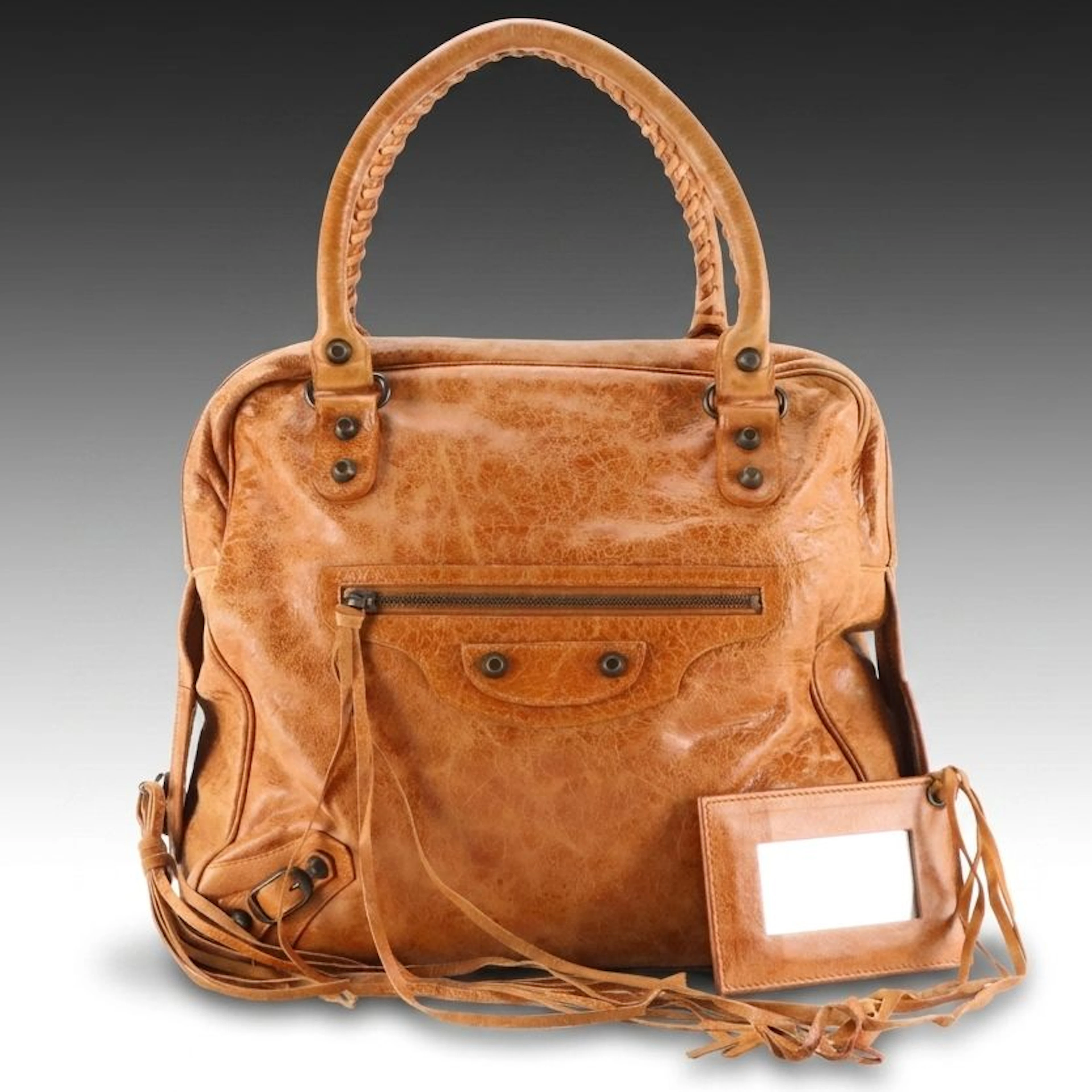 Balenciaga Motocross Zip-Around Handbag in Caramel Brown Distressed Lambskin