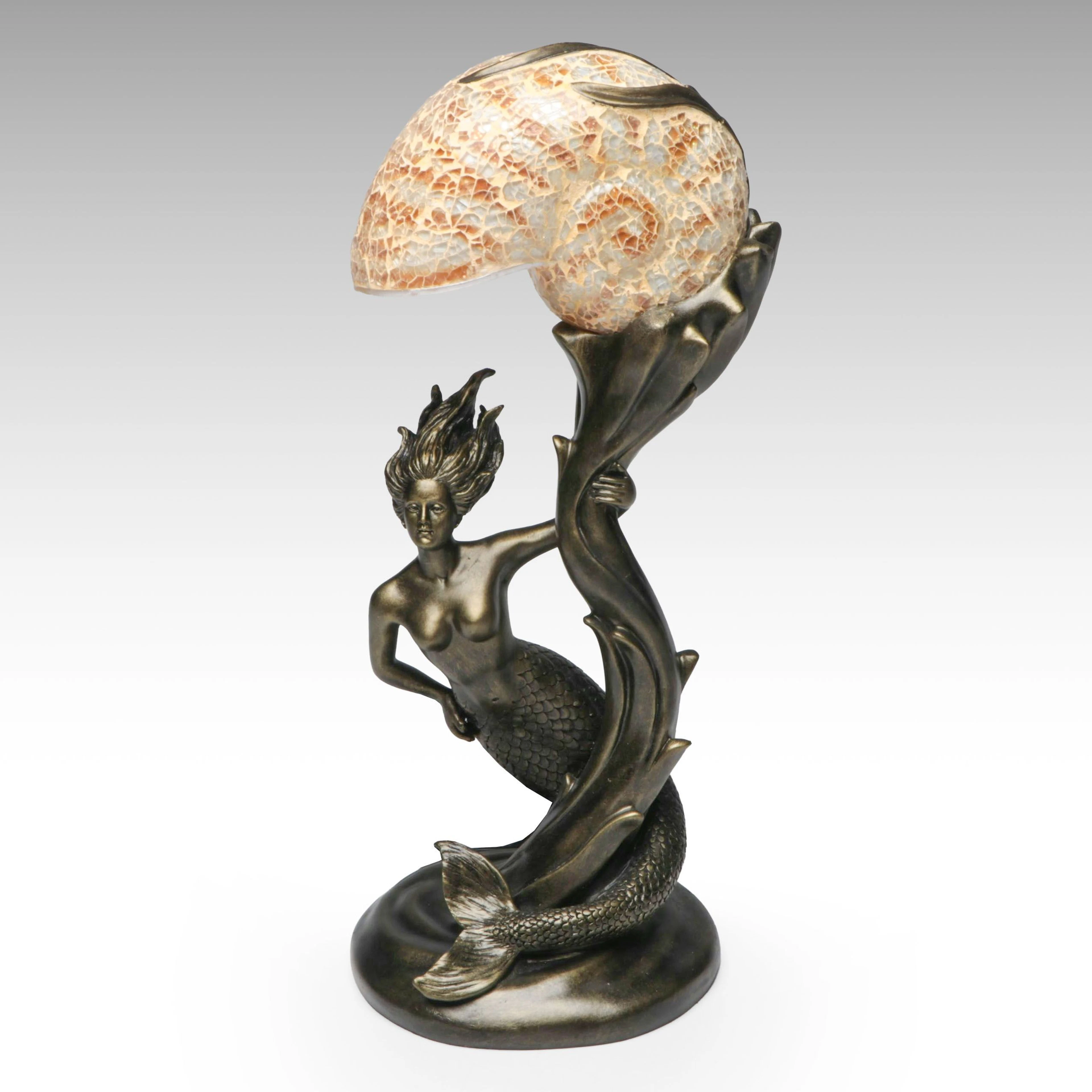 Art Nouveau Style Resin Mermaid Table Lamp with Mosaic Nautilus Shell Shade
