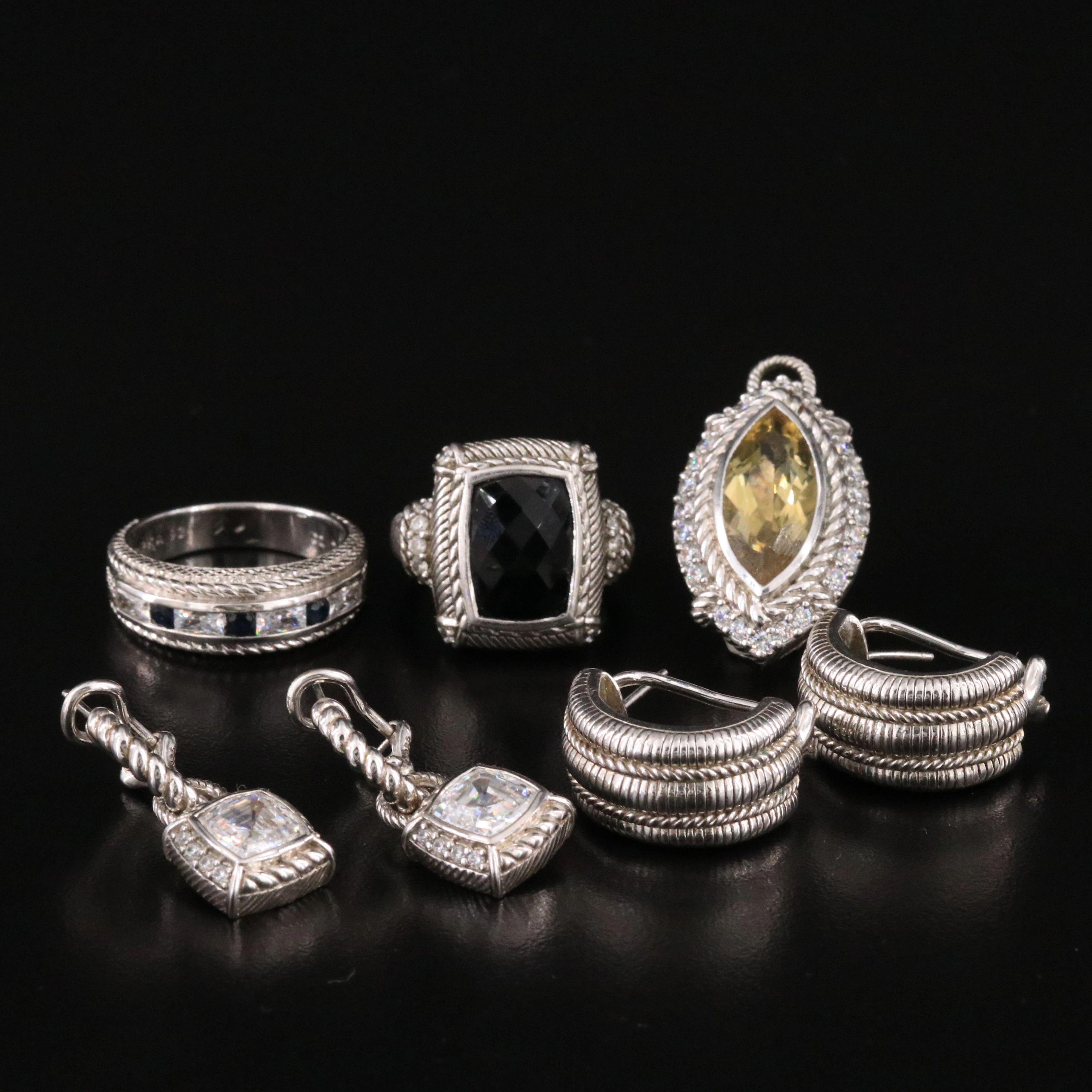 Judith Ripka Sterling Ring Earrings and Pendant Including Black Onyx and CZ