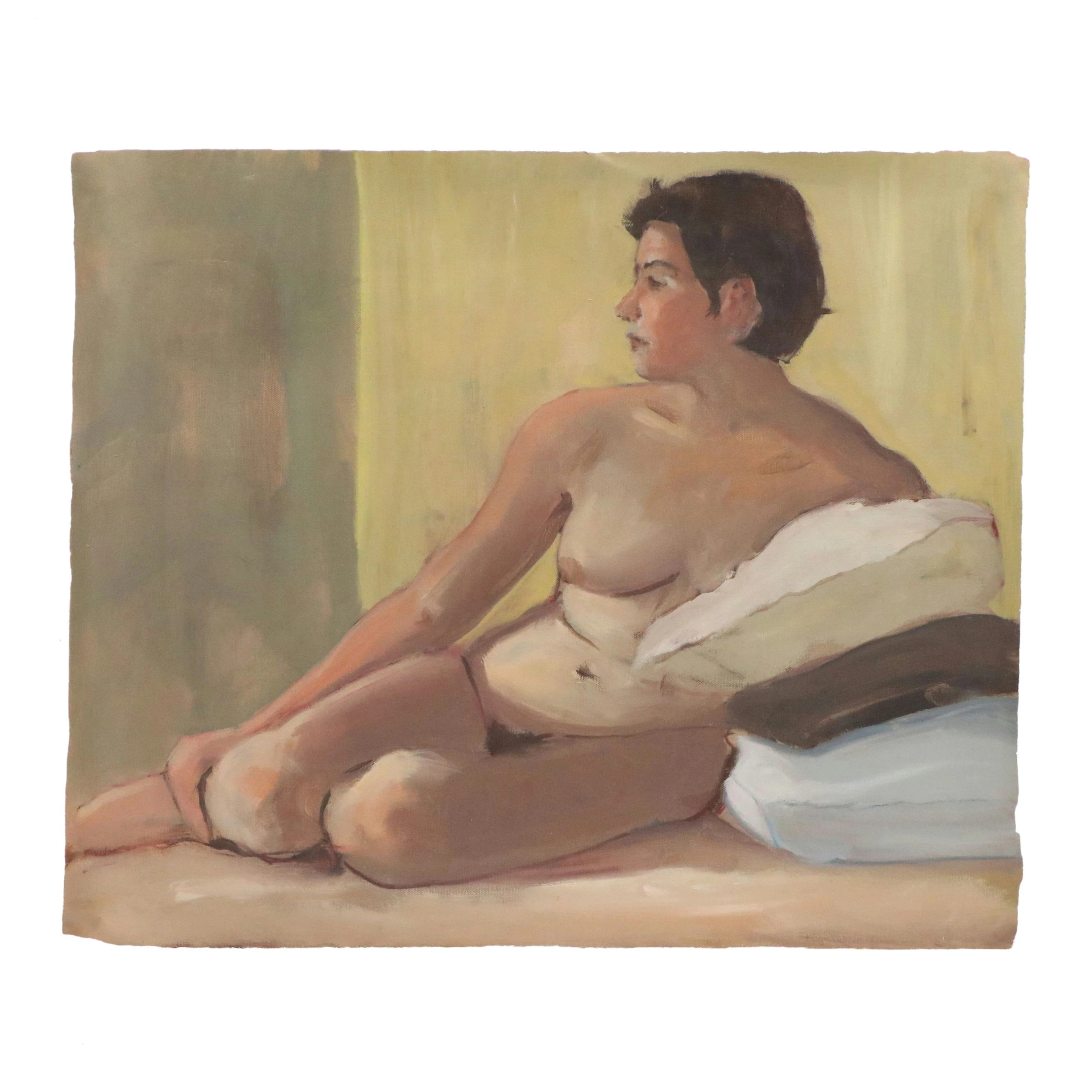 Larry Griggs Seated Female Nude Oil Painting on Unstretched Canvas