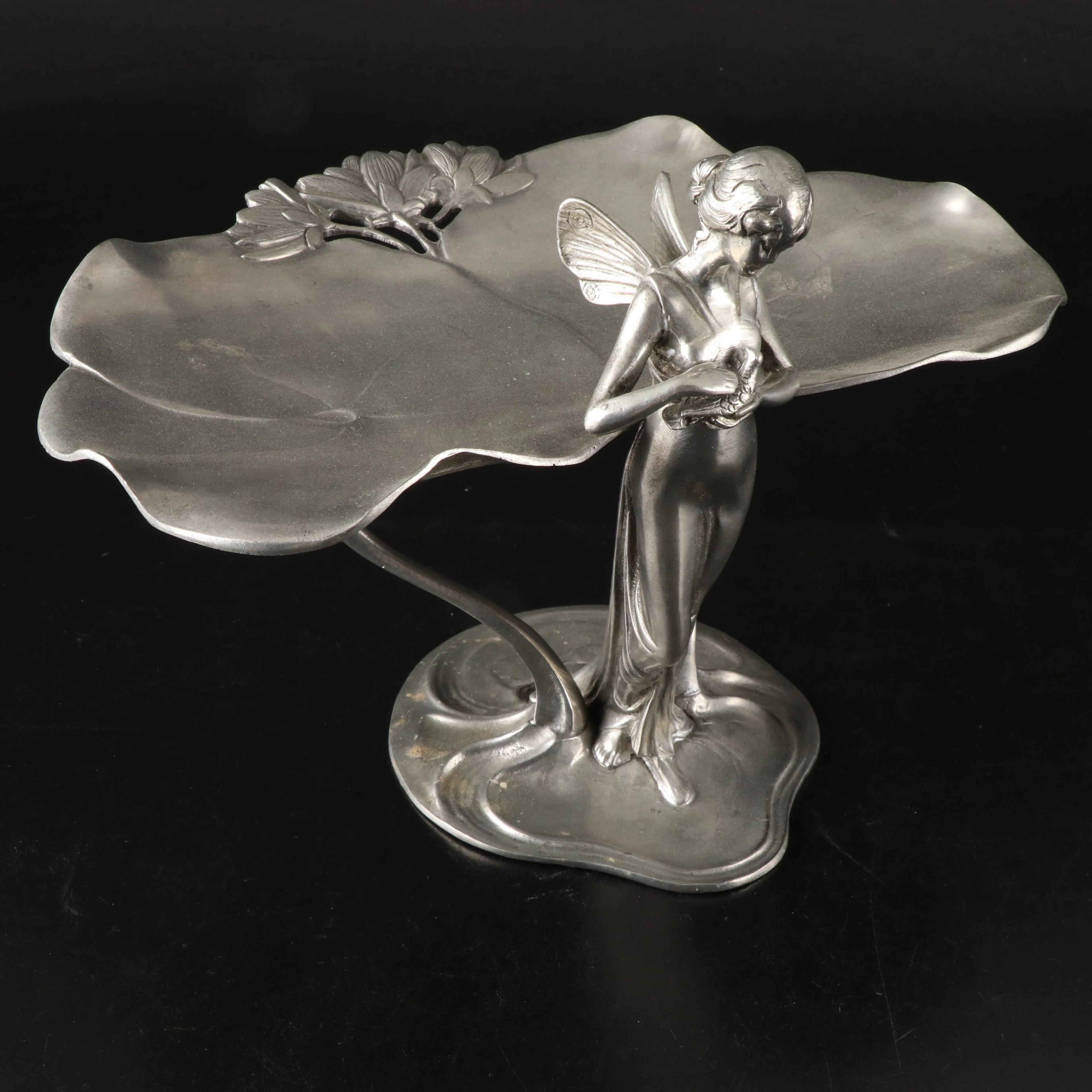 Etain Art Nouveau Silver Finish Figural Fairy Calling Card Bowl