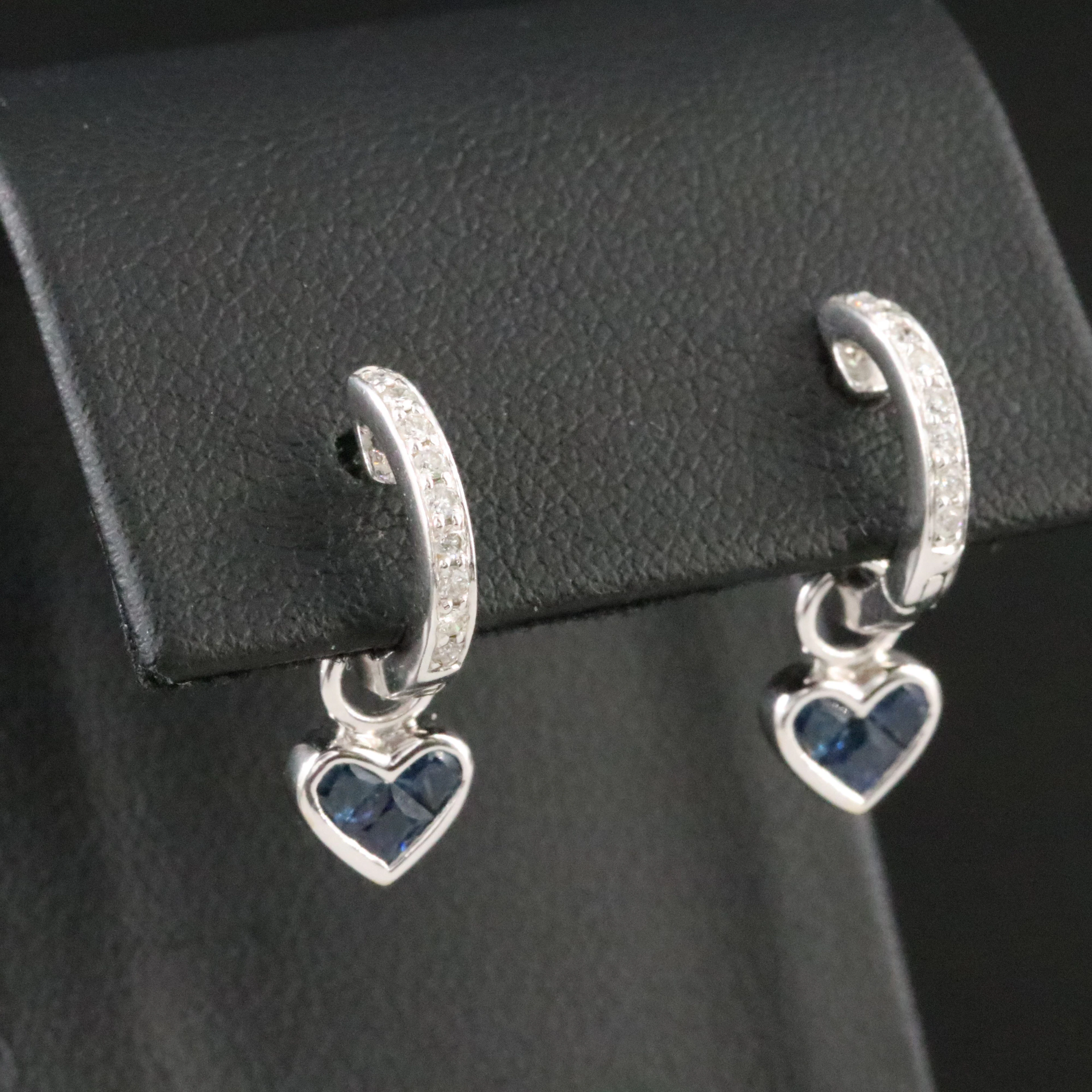 18K 0.18 CTW Diamond and Sapphire Hoop Earrings with Heart Charm Enhancers