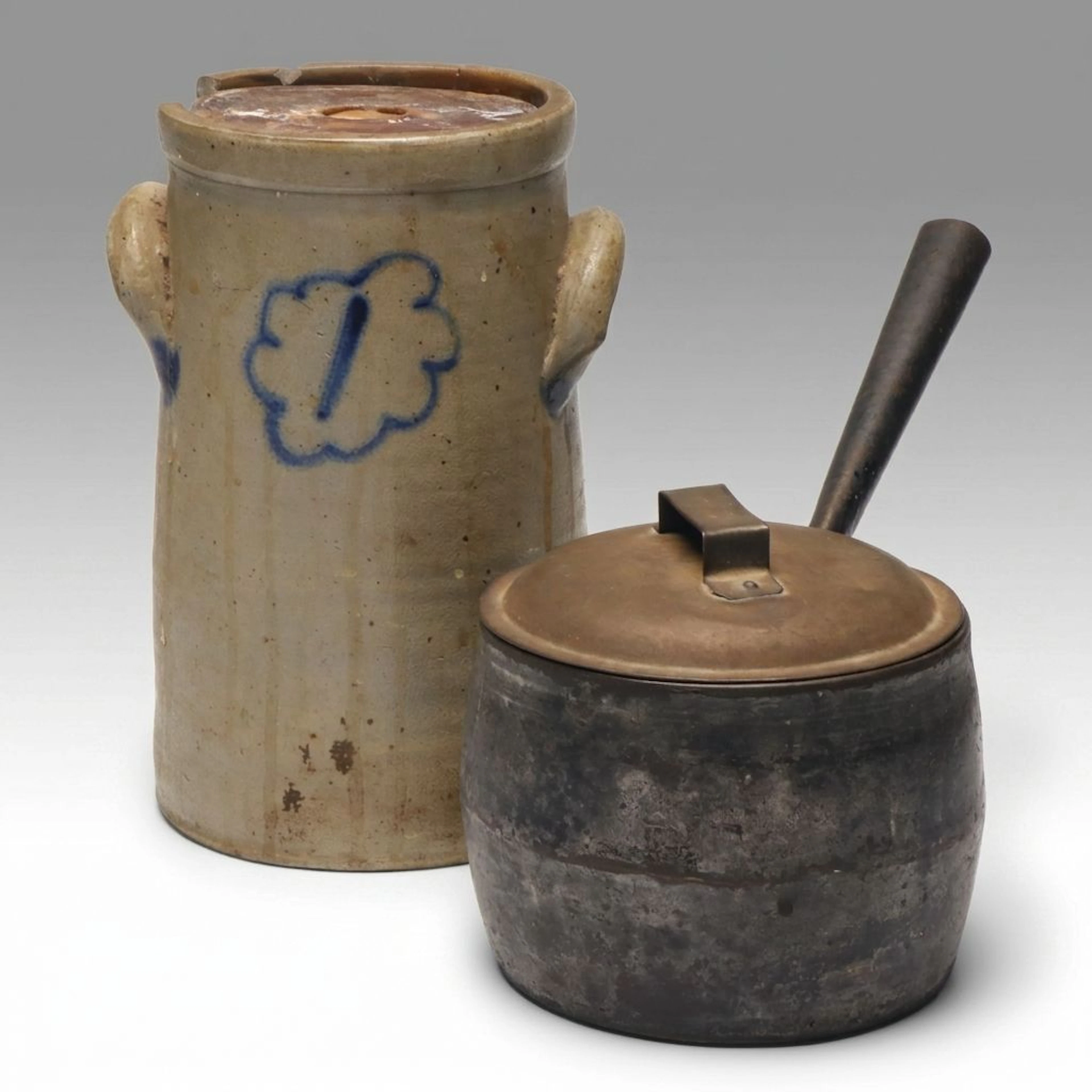 Stuart, Peterson & Co. Cast Iron Pot with Cobalt Stoneware Crock, Antique