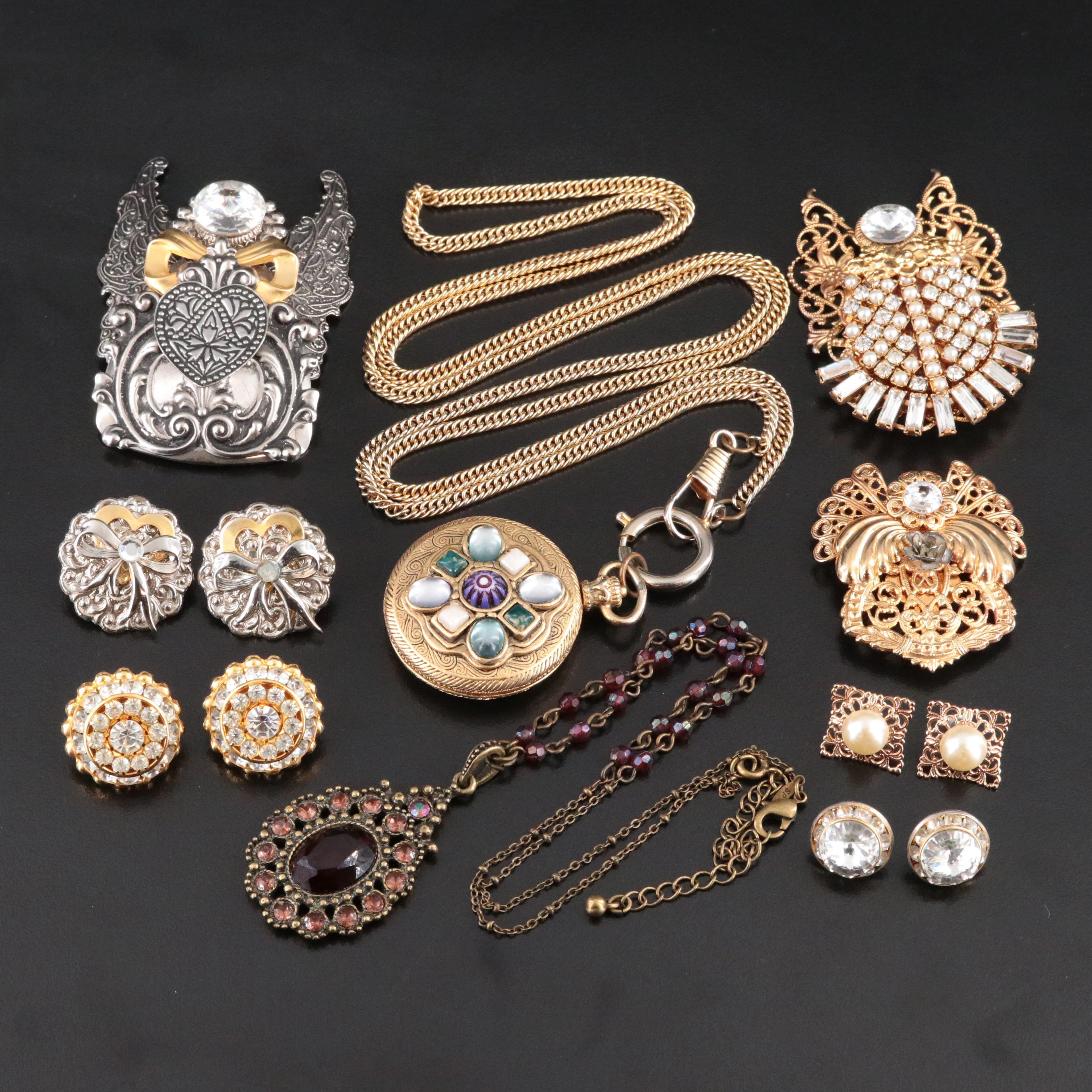 1990s Jane Angel Brooches in Jewelry Collection with Rhinestone & Faux Pearl