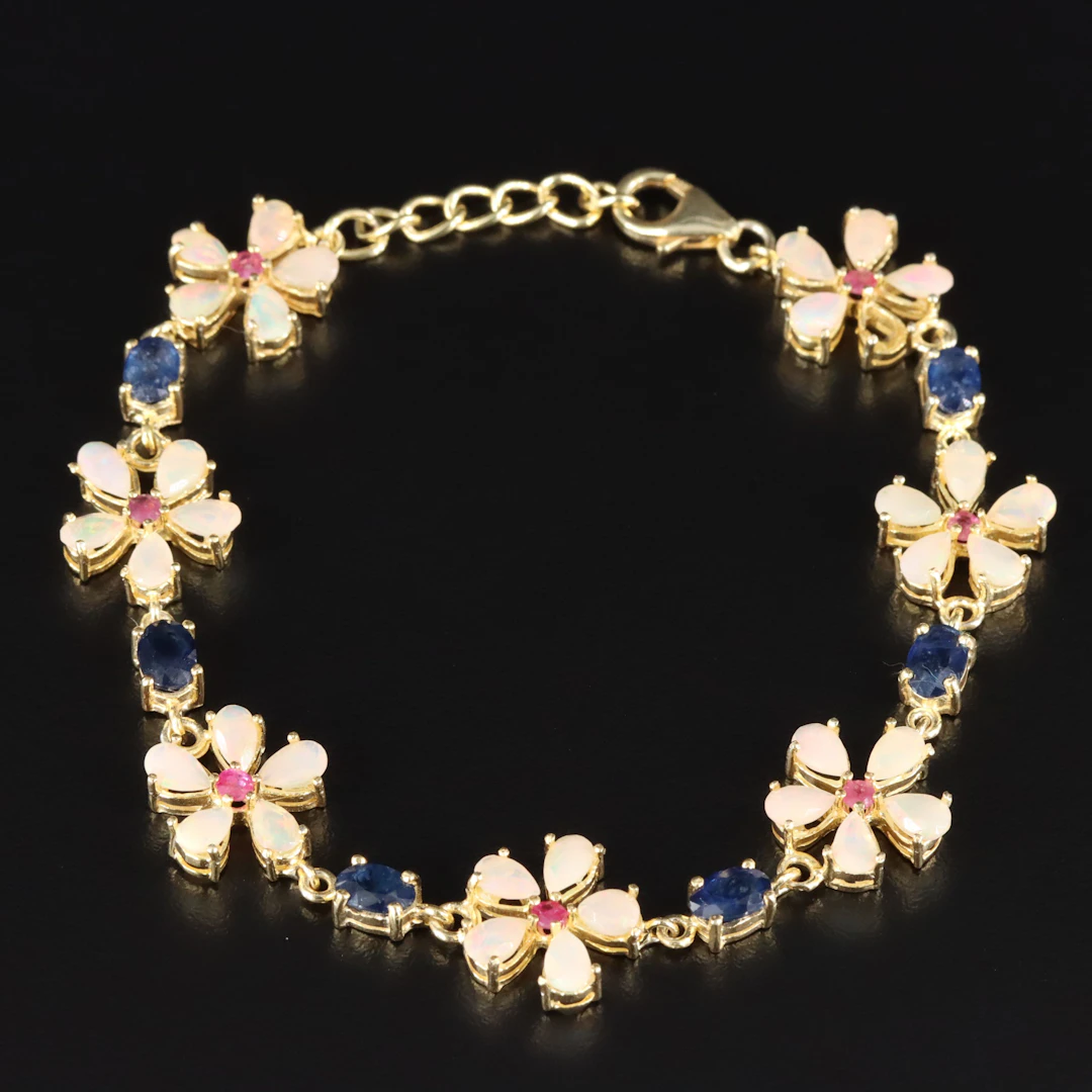 Sterling Opal, Emerald & Filled Corundum Flower Bracelet