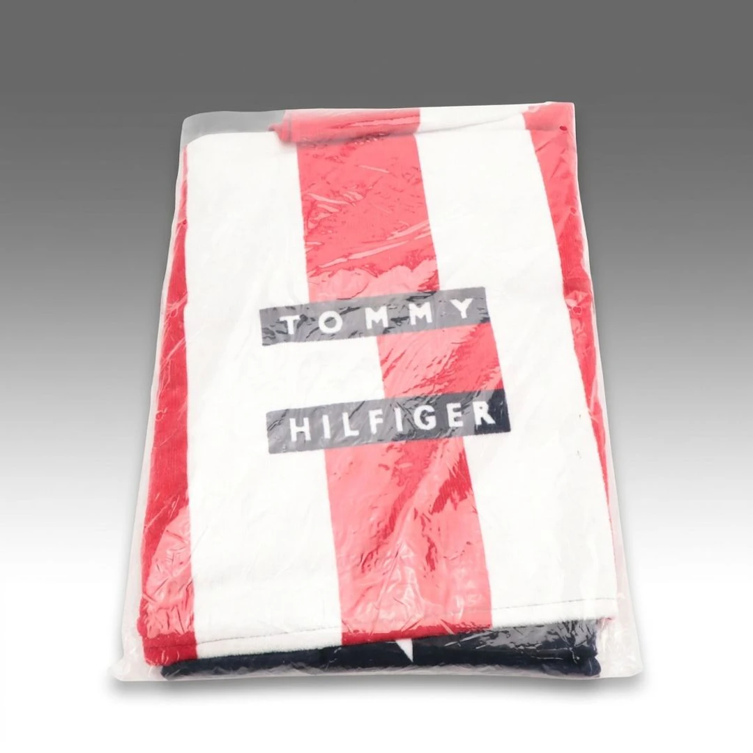 Tommy Hilfiger Red, White, and Blue Logo Stripe Beach Towel