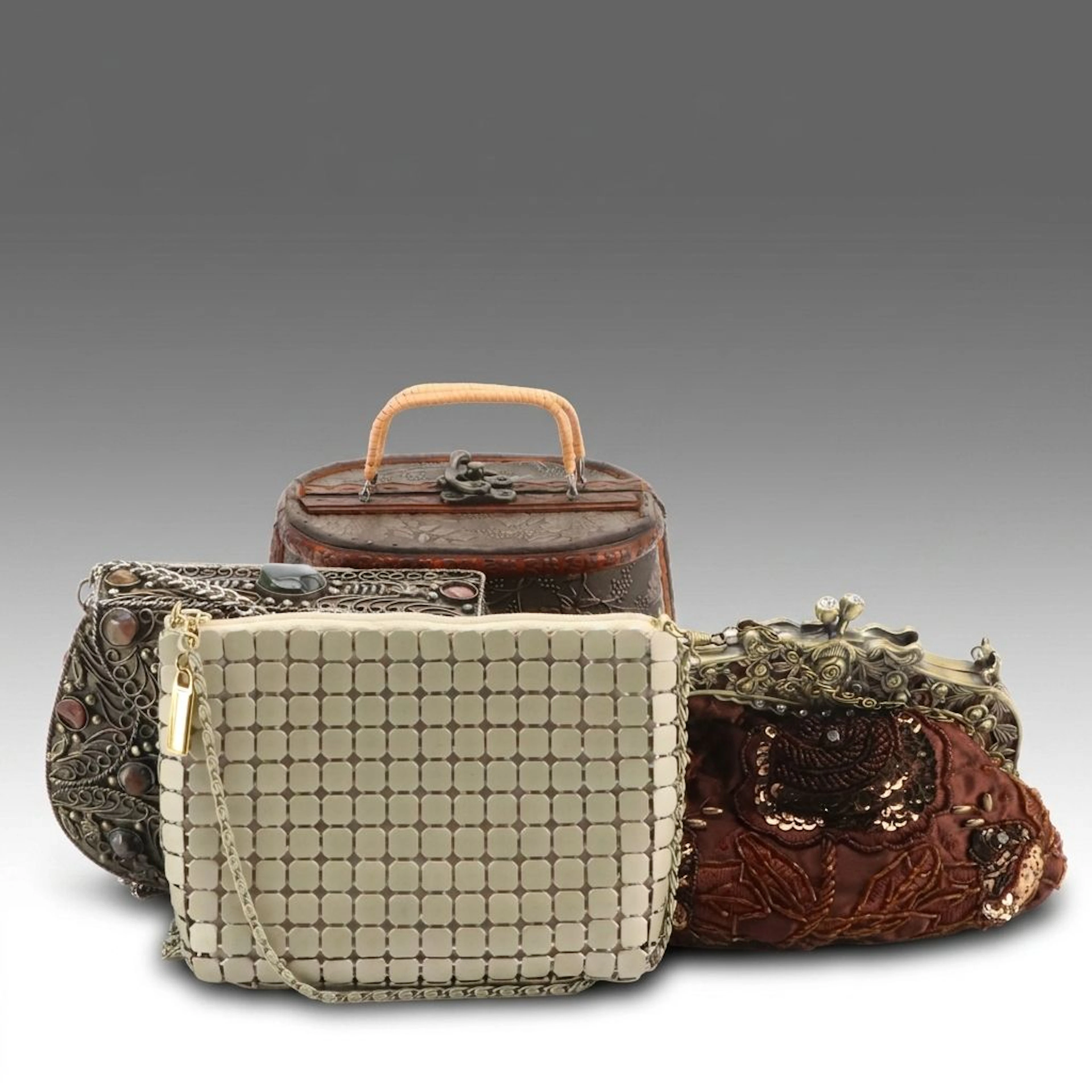 Sajai Style Gemstone Purse with Other Metal Mesh, Beaded Textile, Wooden Bags
