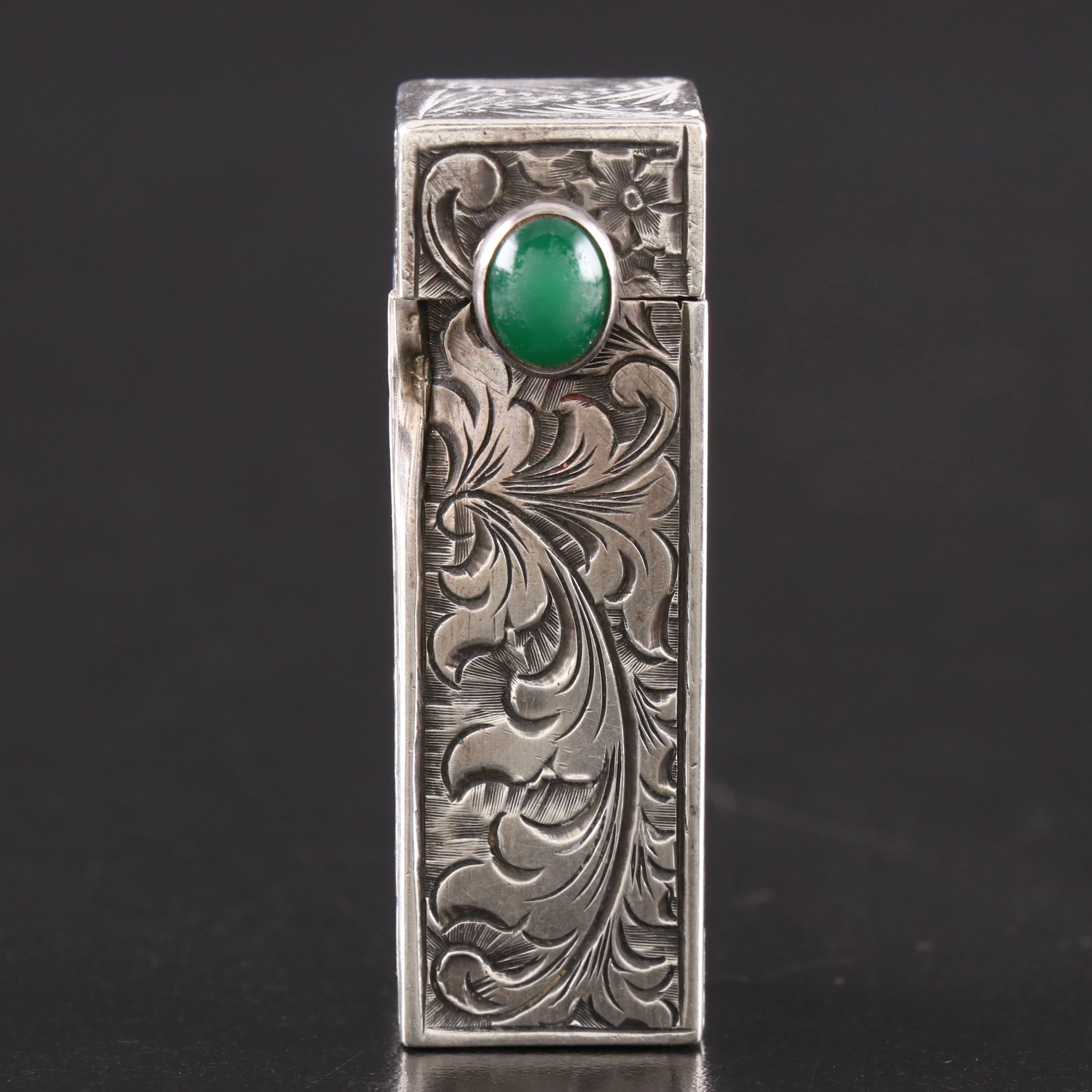 Chased 800 Silver Lipstick Case with Glass Cabochon, Early 20th C.