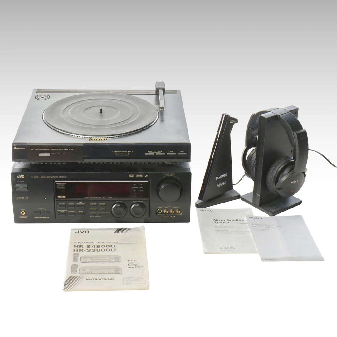 JVC RX-8000V Receiver, Mitsubishi LT-76 Turntable, and Audio Accessories