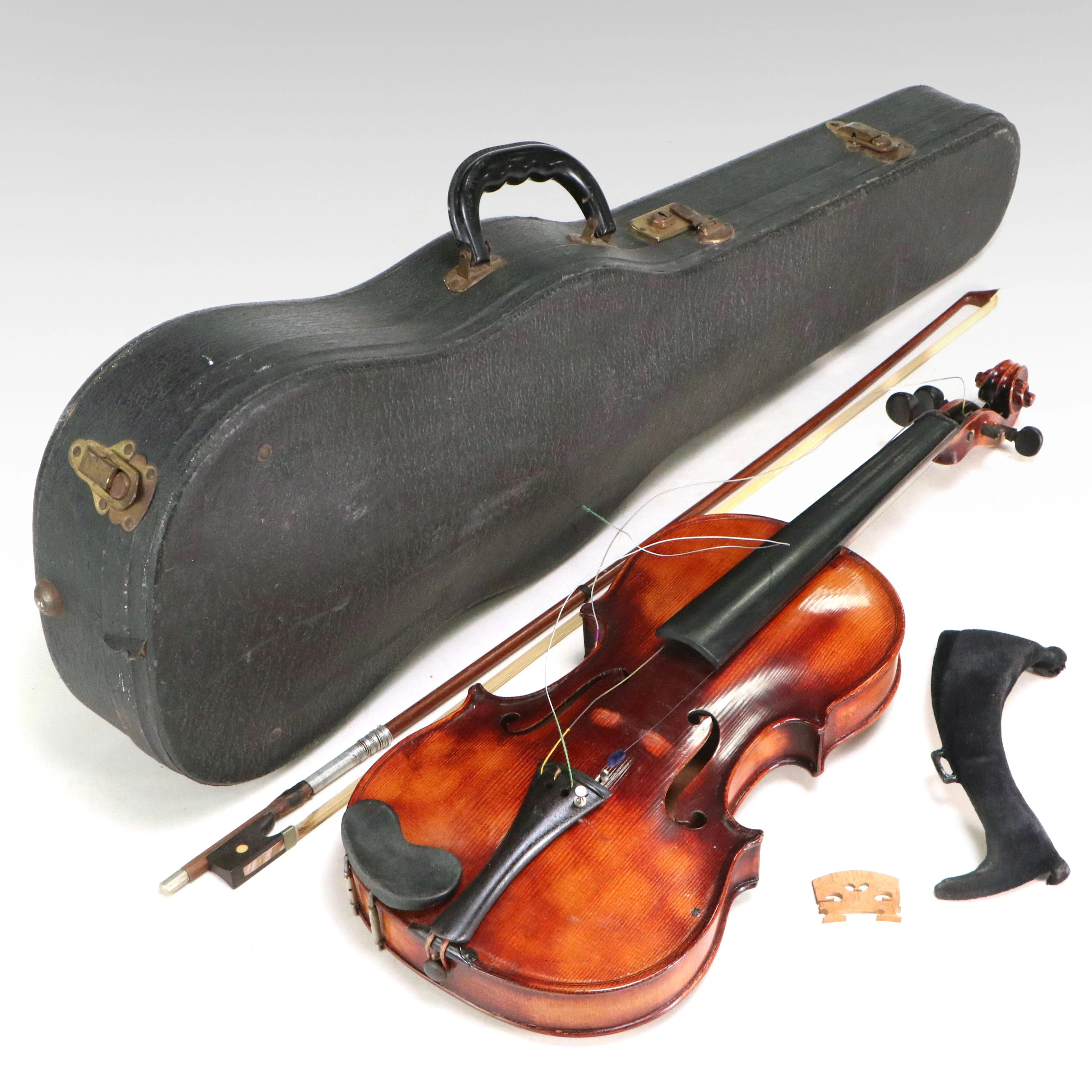 4/4 Stradivarius Copy Wooden Violin and Hard Case, Early to Mid-20th C.