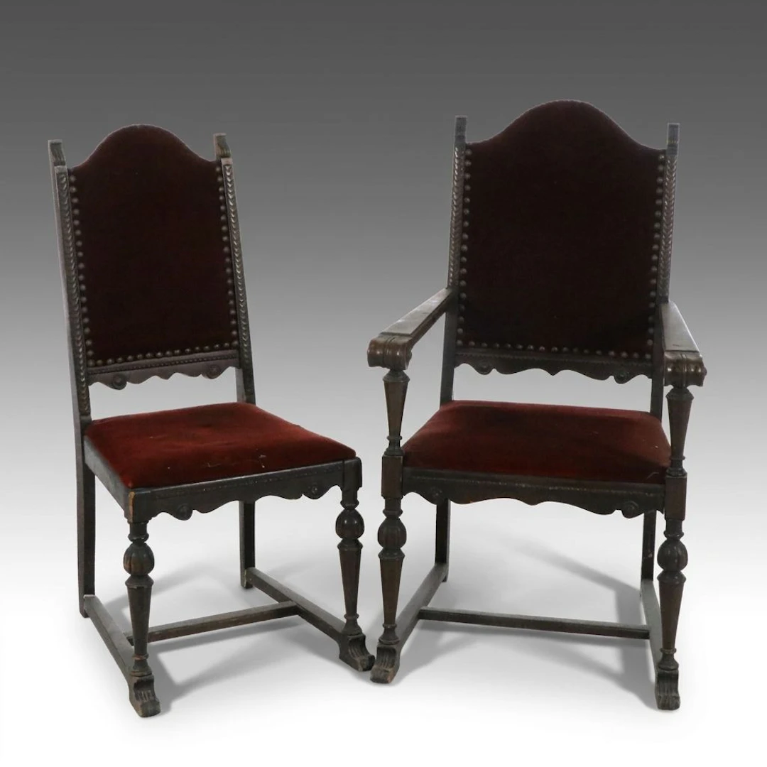 Pair of Spanish Renaissance Revival Velvet Upholstered Chairs