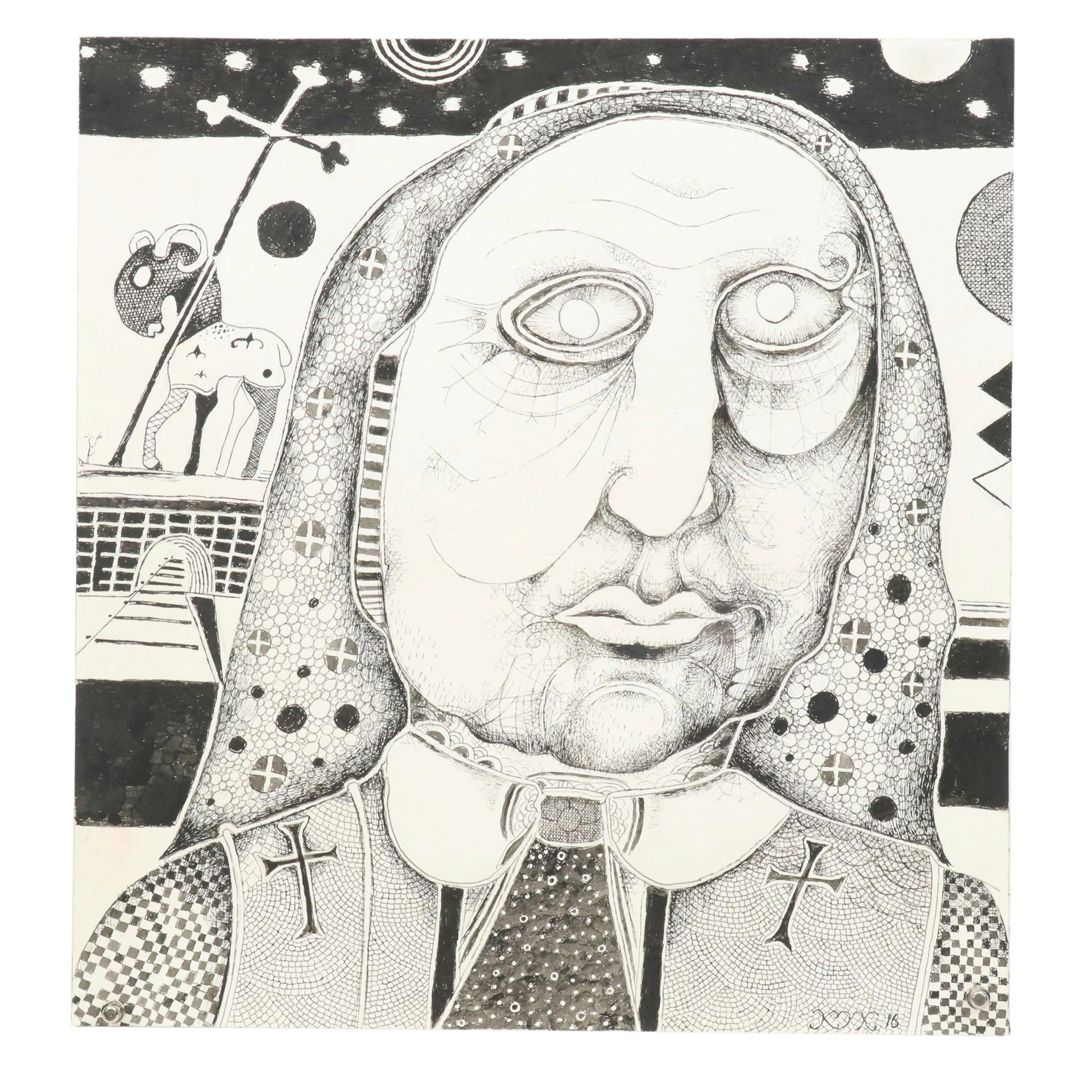Nikolay "Kuk" Manuylov Figural Surrealist Ink Drawing, 2016