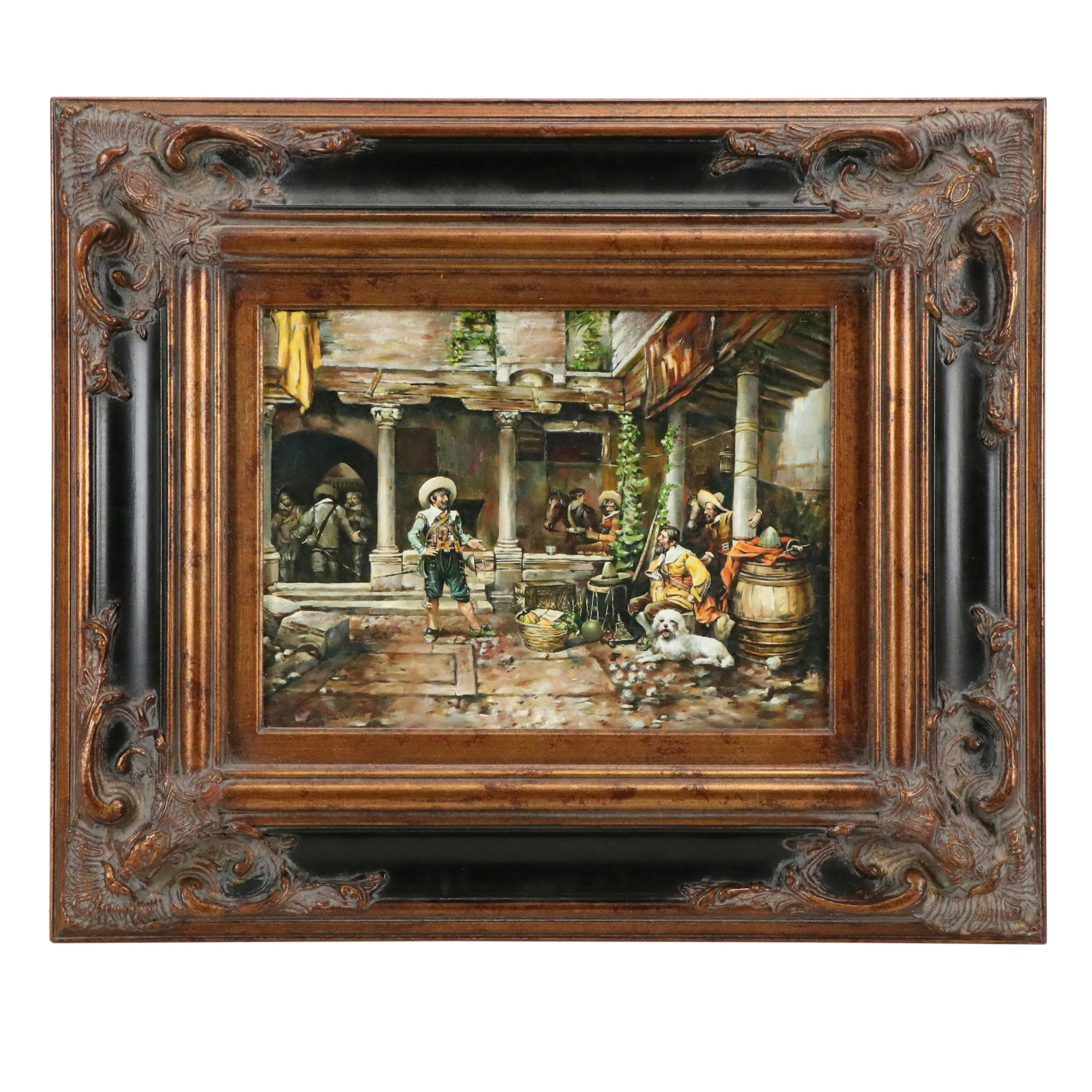 J. Bouvion Oil Painting of Spanish Colonial Courtyard Scene, Late