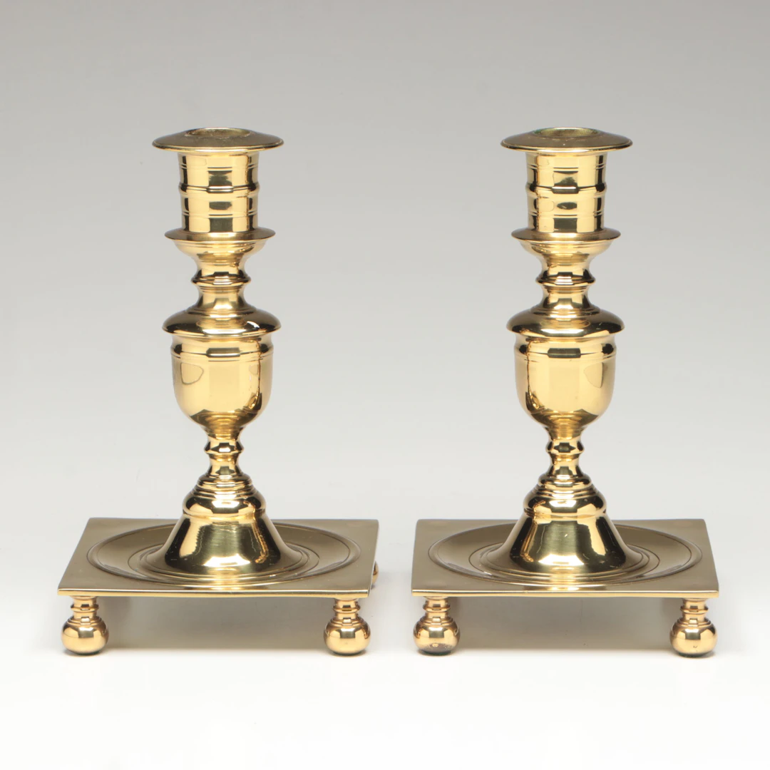 Pair of Virginia Metalcrafters "Newport" Polished Brass Footed Candlesticks