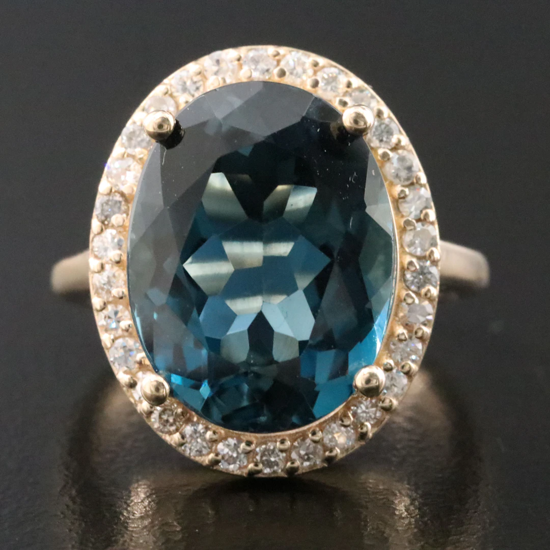 14K 11.07 CT London Blue Topaz and Diamond Ring
