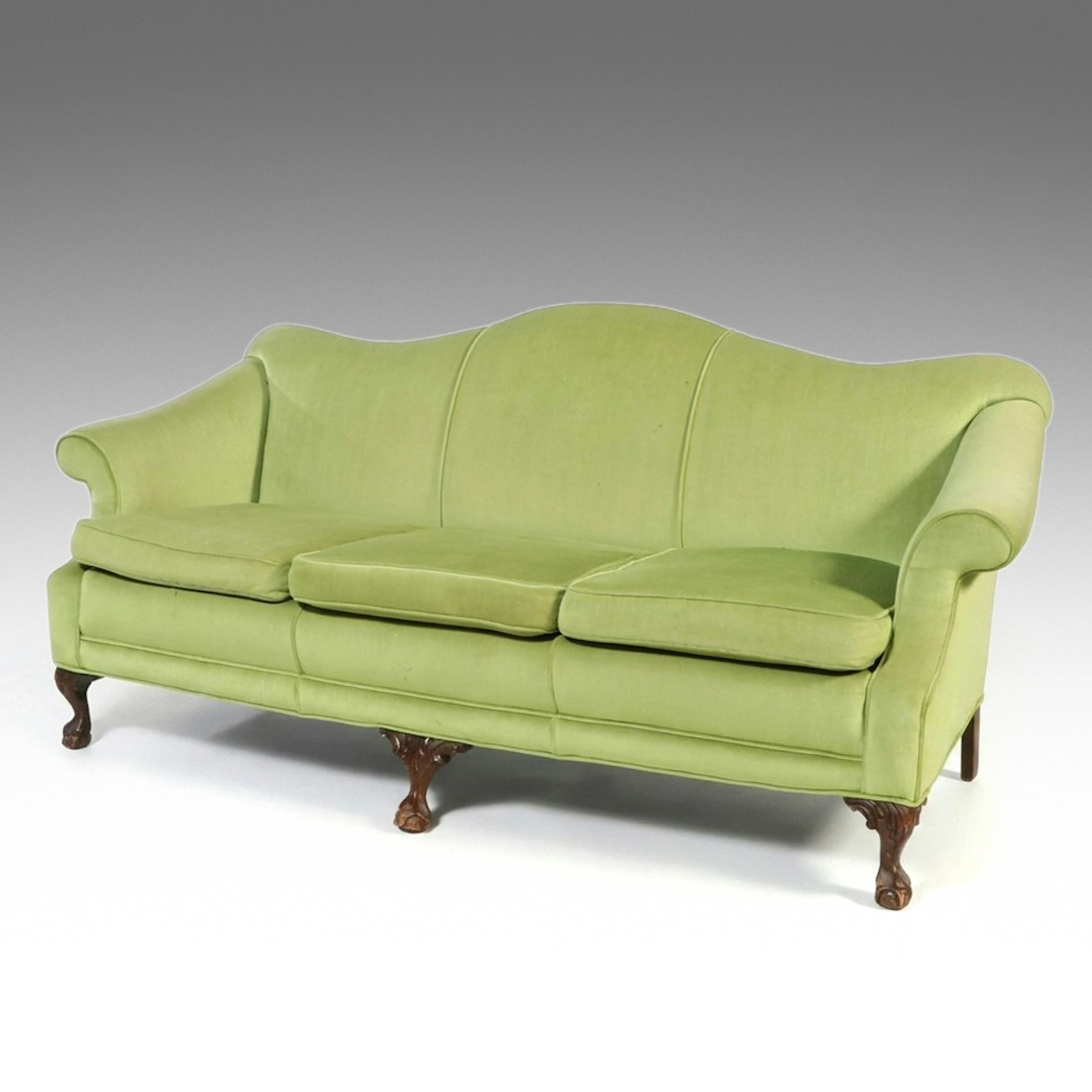 Chippendale Style Sage Green Velvet Upholstered Camelback Sofa