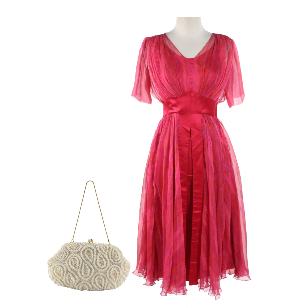 Pink Printed Ruffle Hem Party Dress with Marshall Field & Co. Beaded Handbag