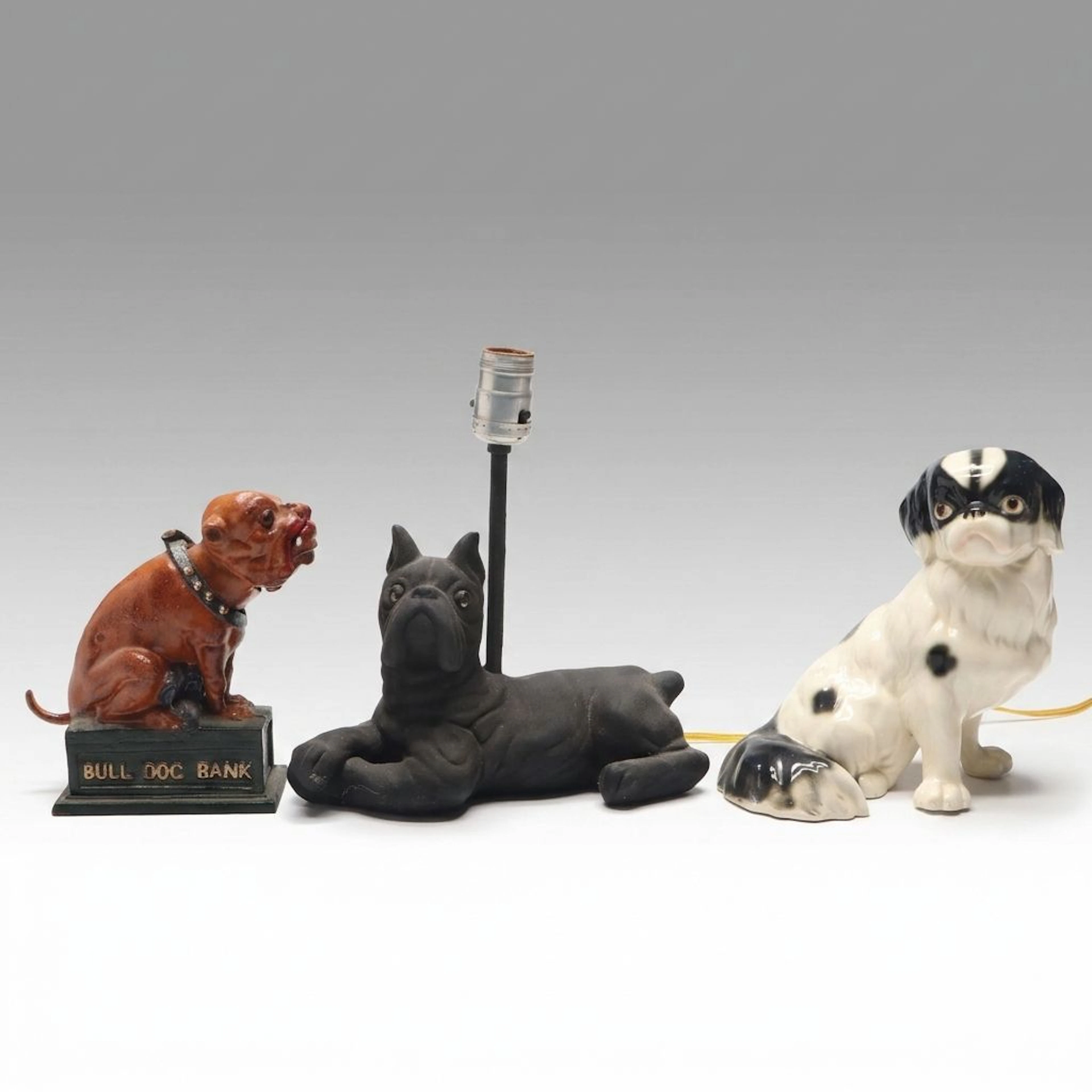 Bull Dog Coin Bank with Brooks Creation Novelty Lamp and Japanese Chin Figure