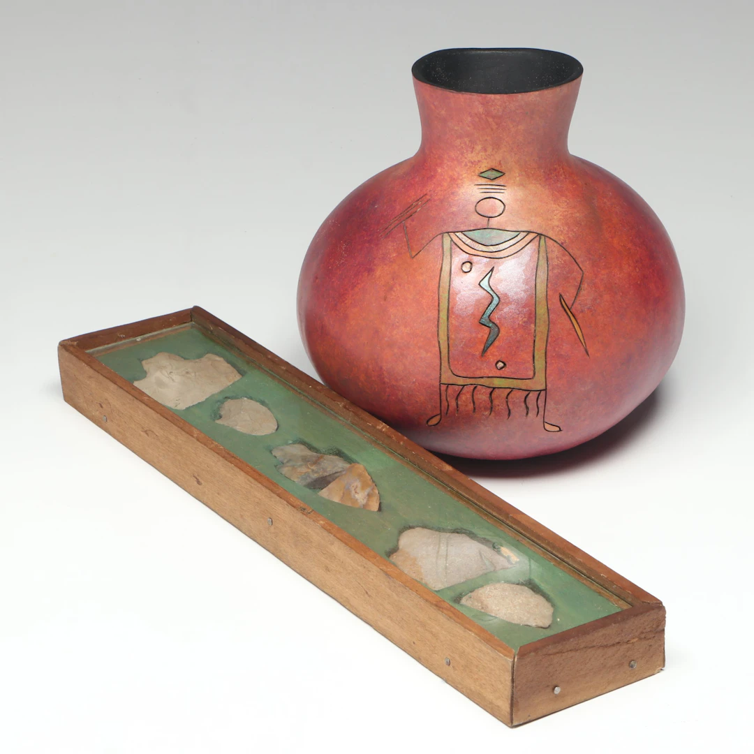 Sgraffito Gourd Vase with Framed Arrowhead Collection