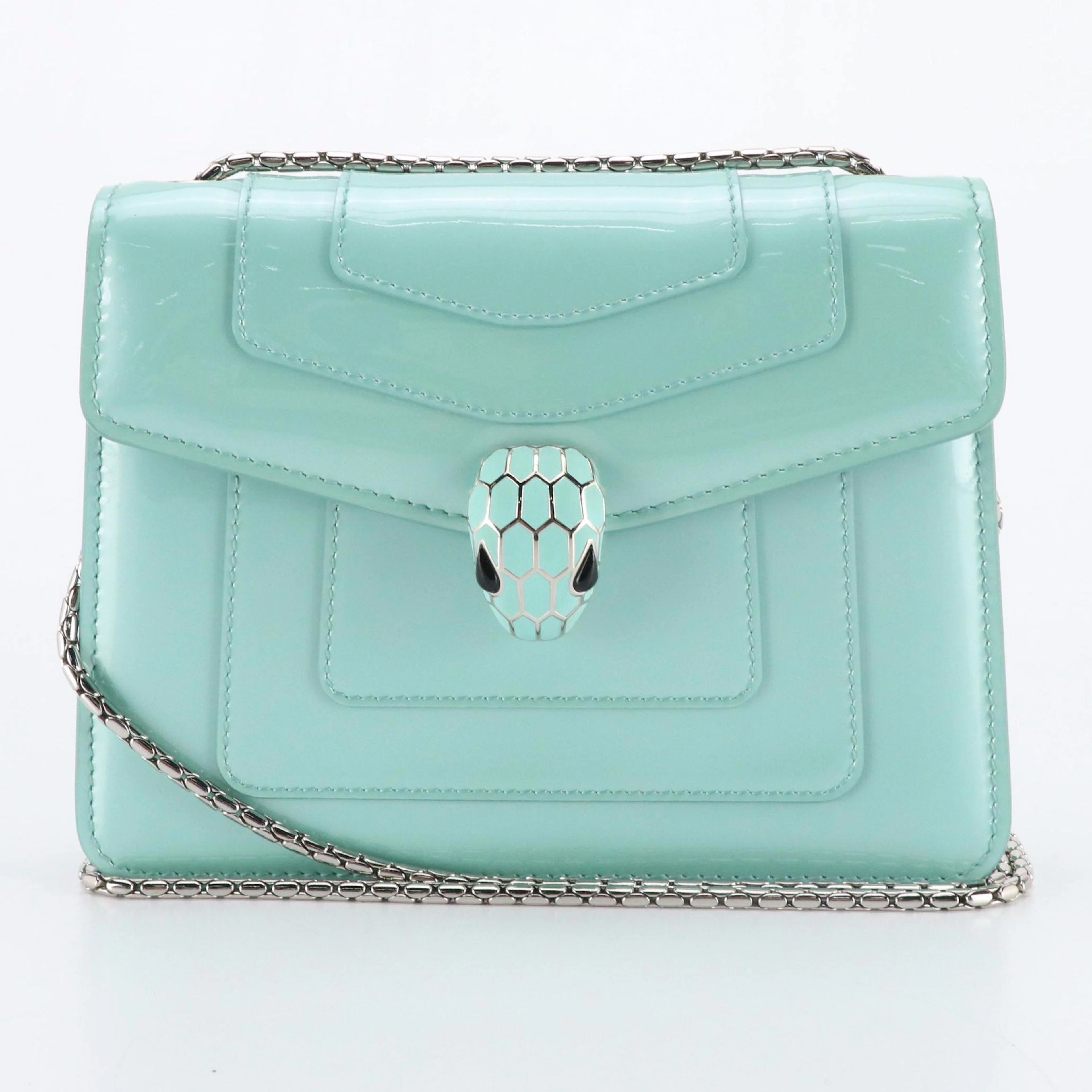 BVLGARI Small Serpenti Forever Chain Strap Bag in Aqua Blue Patent Leather